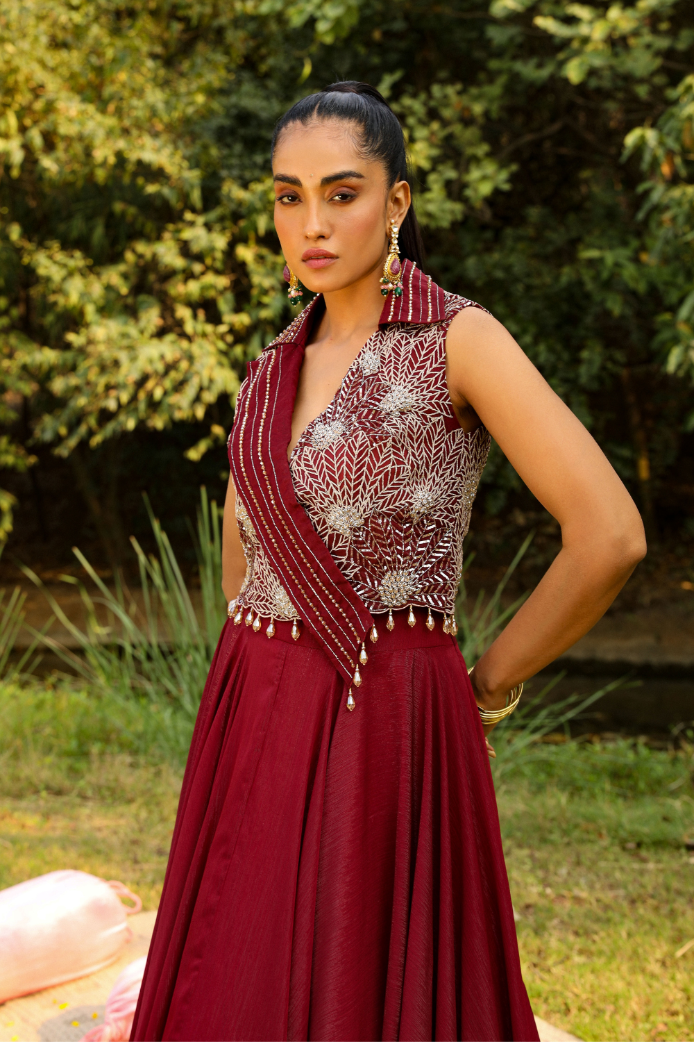 Aahana Wine Badla Embroidered Crop Jacket & Organza Skirt Set