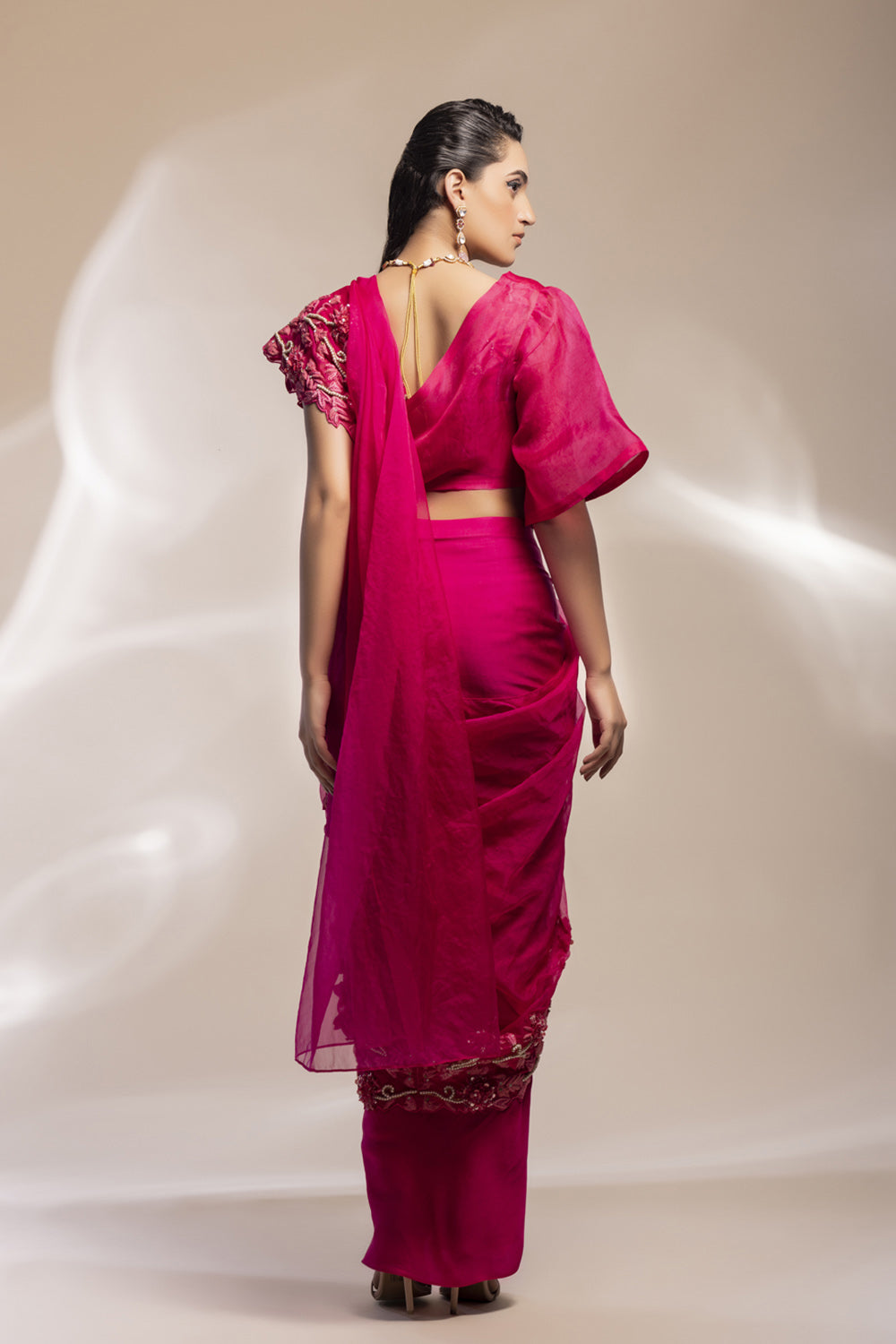 Fuchsia Draped Saree With 3D Embellishments. - Auraya Fashion 