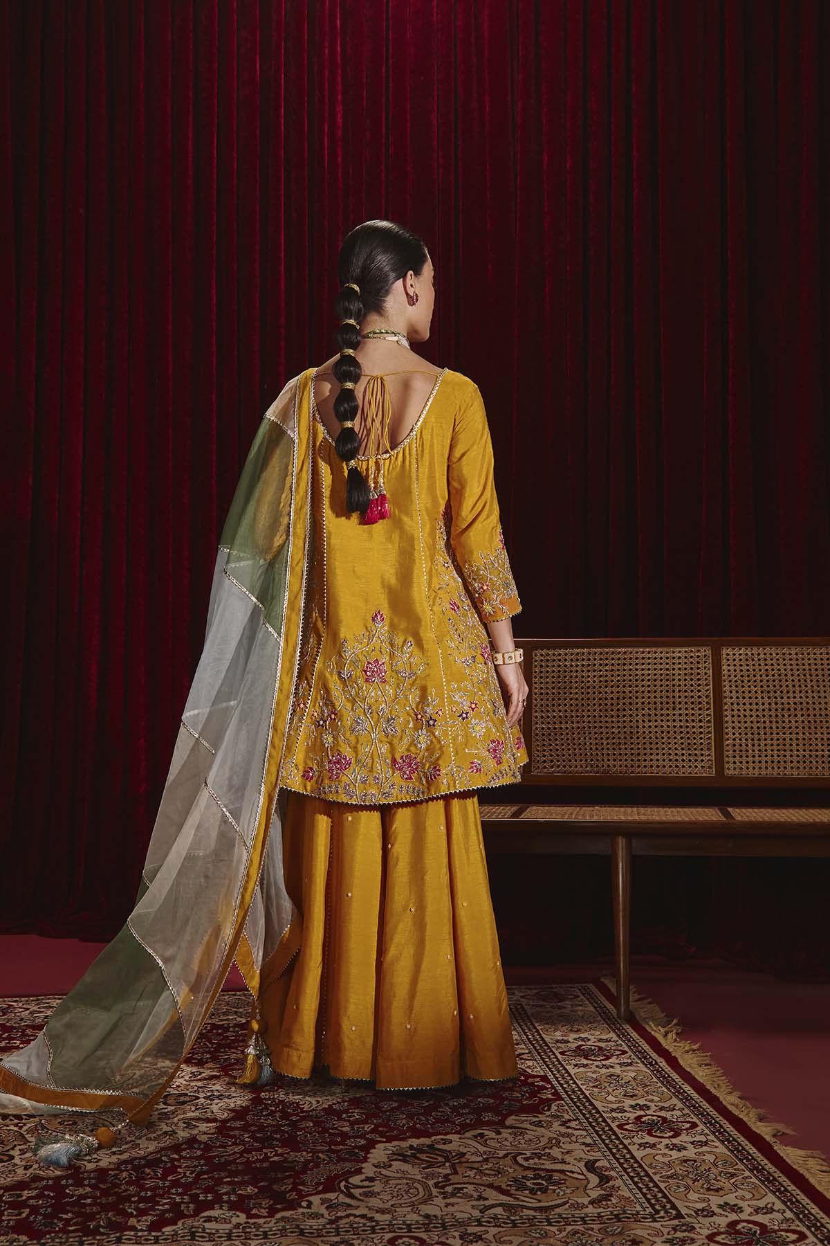 Anahita Mustard Embroidered Dupion Silk Kurta & Garara Set