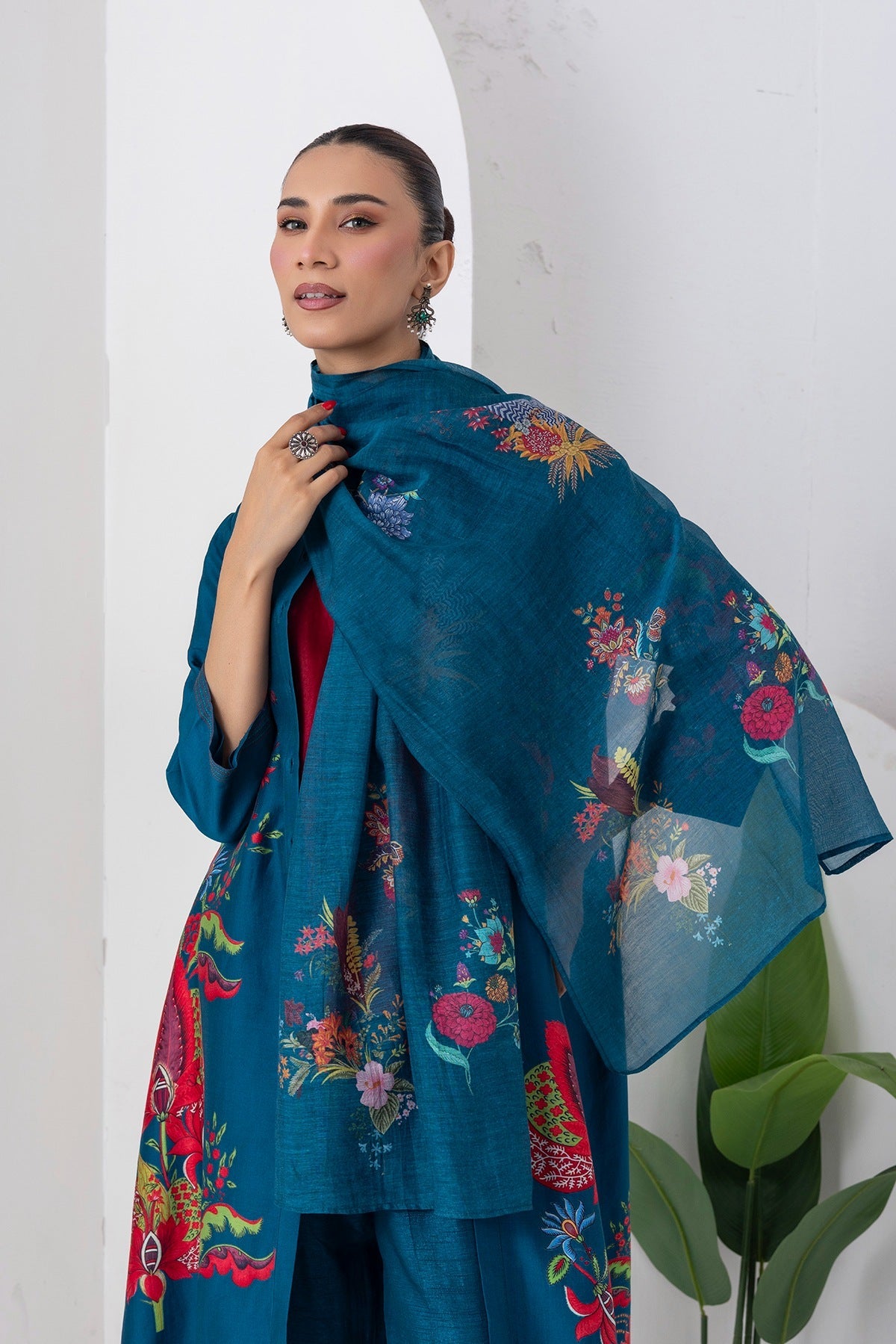 Indigo Silk Chanderi Printed Front Open Floral High-Low Dress Set (3 PCS)