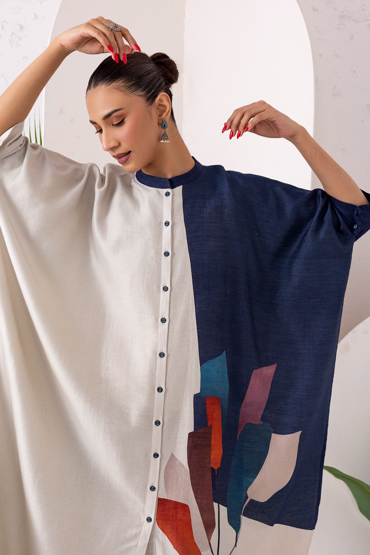 Blue & Ivory Silk Chanderi Printed Kaftan Style Dress Set (3 PCS)