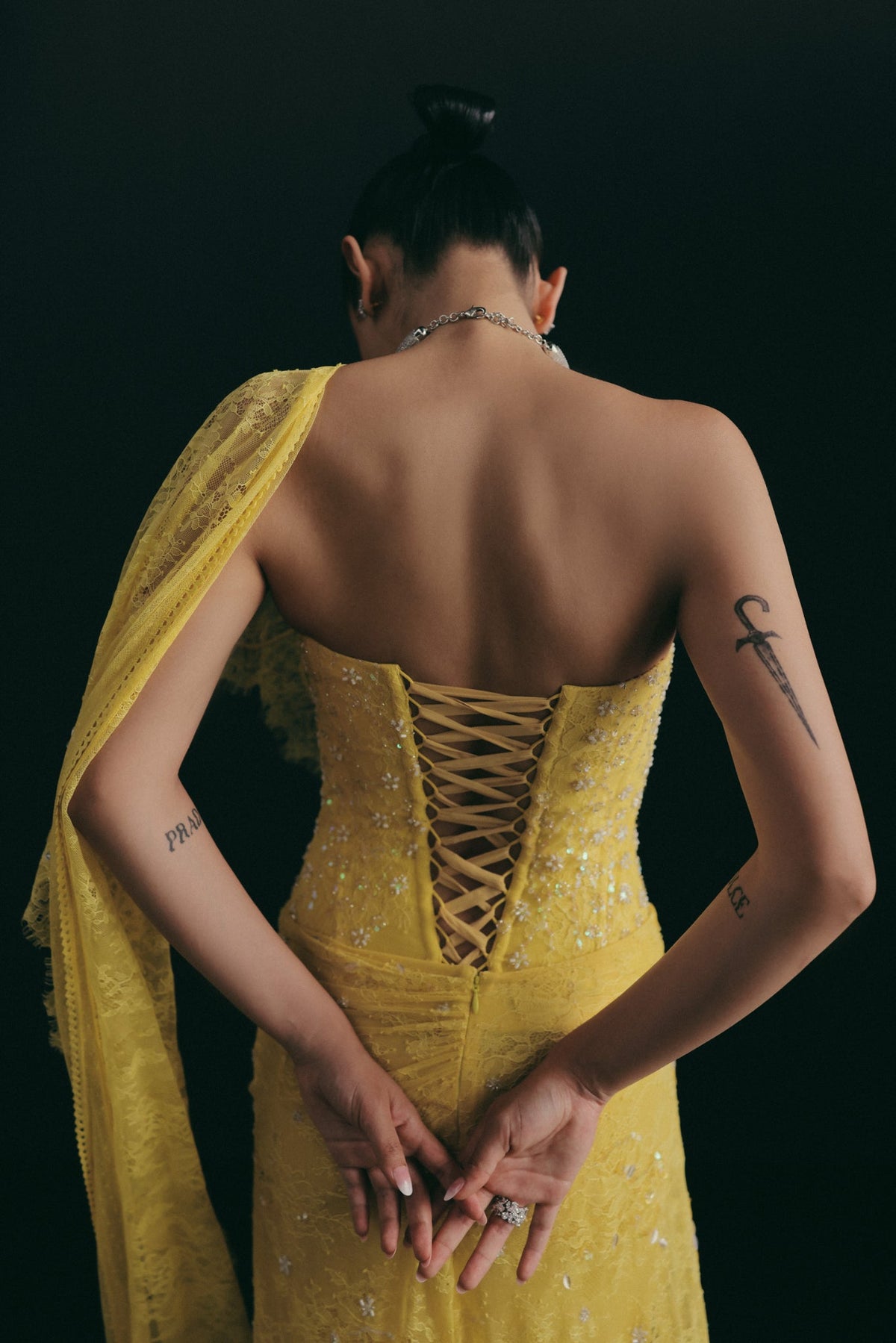 Sequin & Beaded Embroidery, Corded Lace & Dotted Tulle with Silk, Saree Set, Corset Silhouette