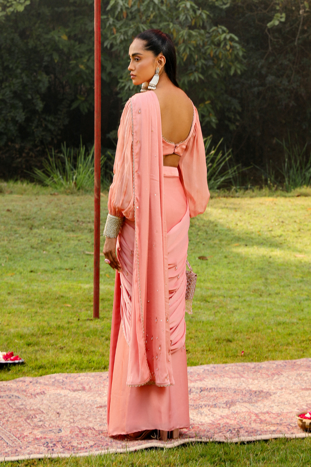 Ayesha Peach Pre-Stitched Drape Saree with Princess Sleeve Blouse