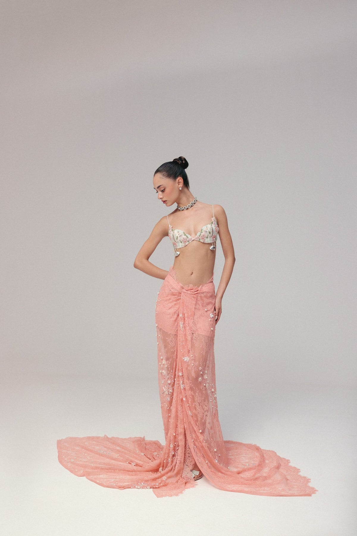 Pearl & Shell Embroidery, Lace & Soft Tulle with Silk, Skirt Set, Blouse Silhouette