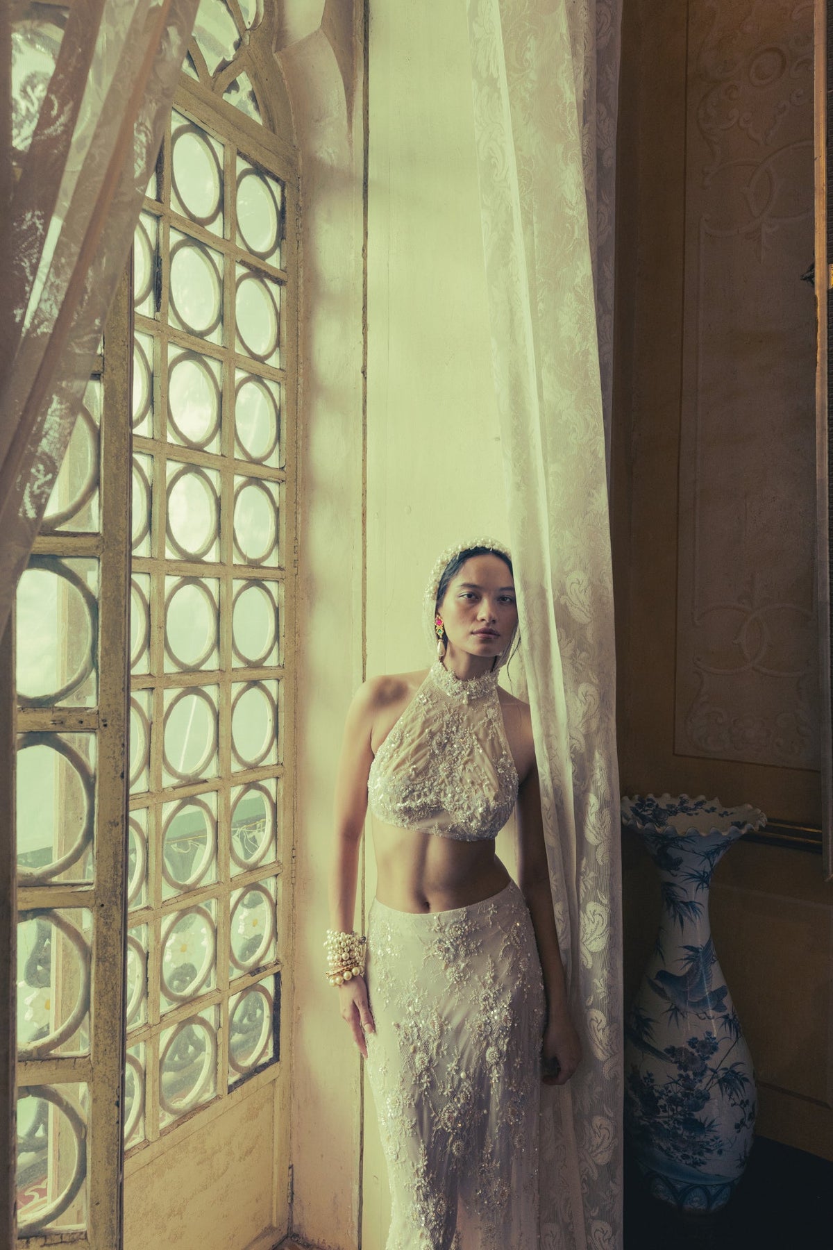 Oyster, Bugle Bead Embroidery, Vintage Lace & Tulle, Crop Skirt Set, Tea-Length Silhouette