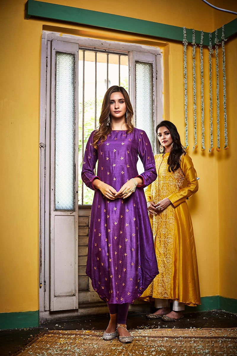 silk chanderi long asymmetrical tunic with pearl embroidered lotus jaal