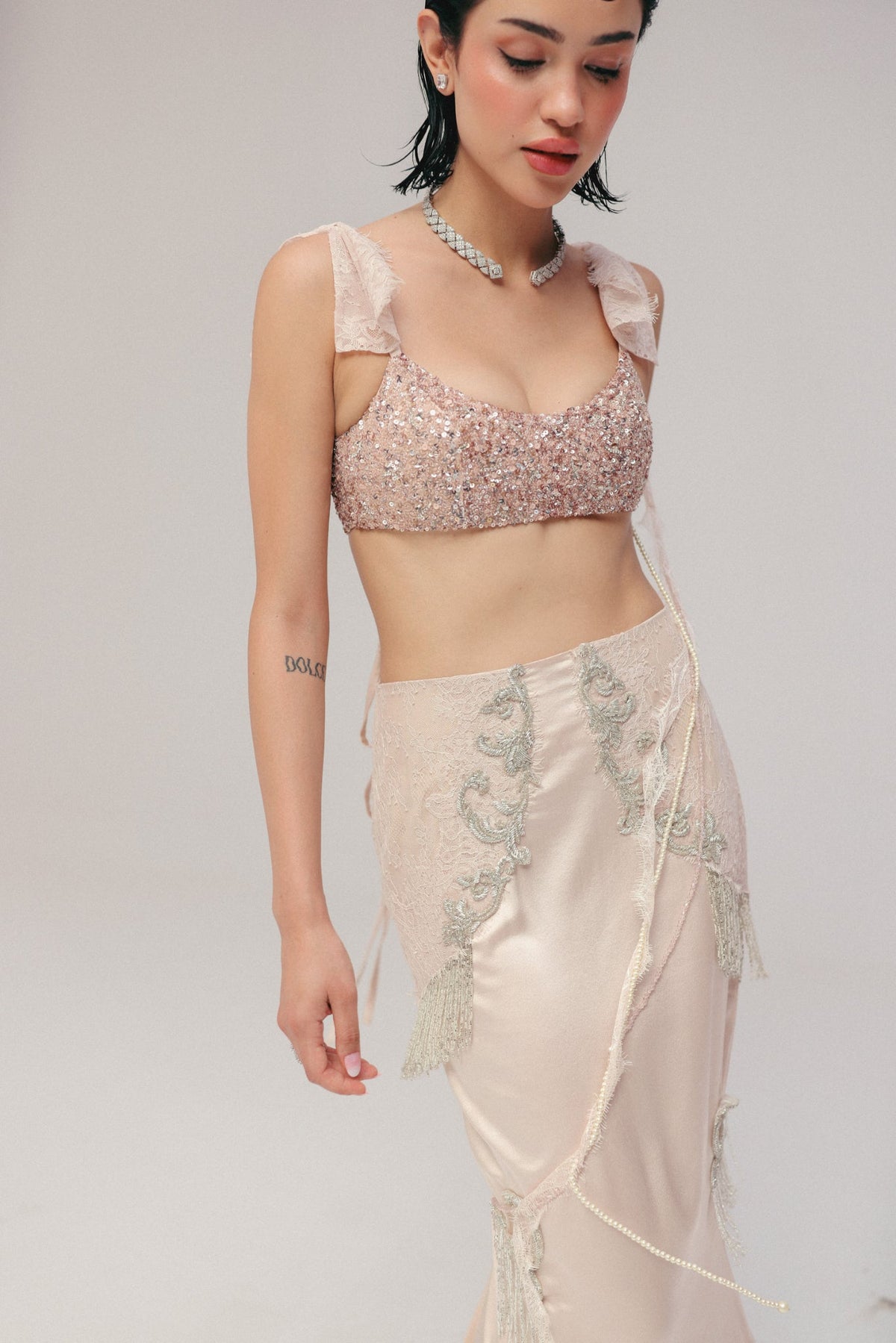 Sequin & Bugle Bead Embroidery, Silk Satin & French Lace, Skirt Set, Blouse Silhouette