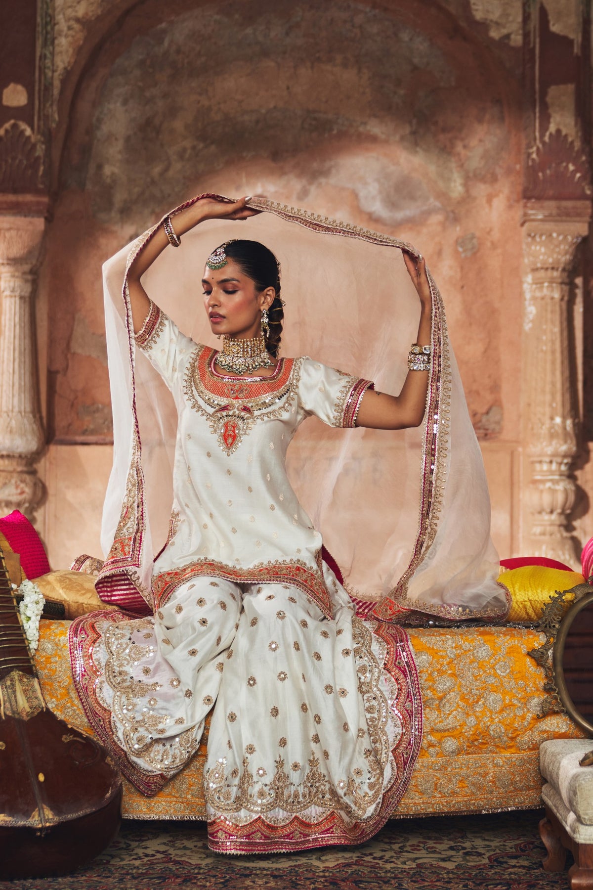 Ivory Banarasi Short Kurta Sharara Set with Organza Dupatta