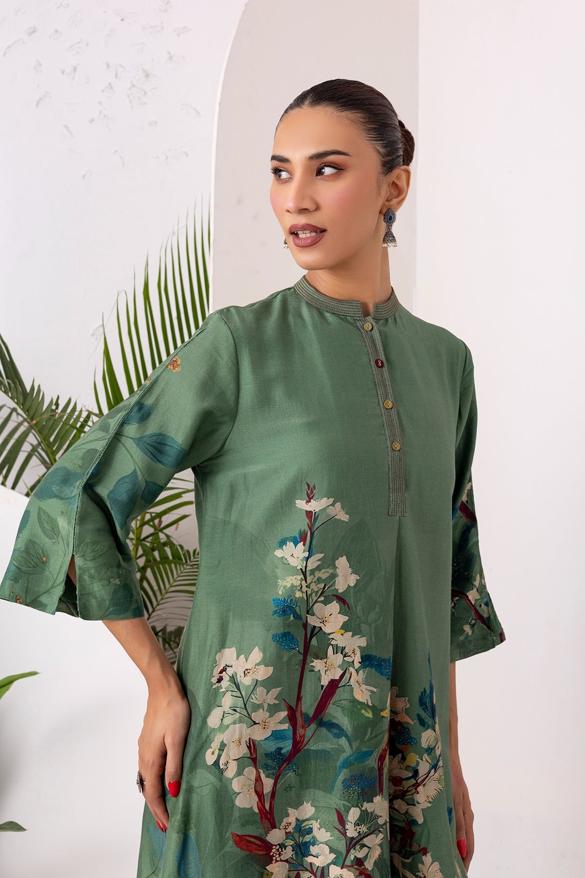 Sage Green Silk Chanderi Printed Front Pleat Tunic Set (2 PCS)