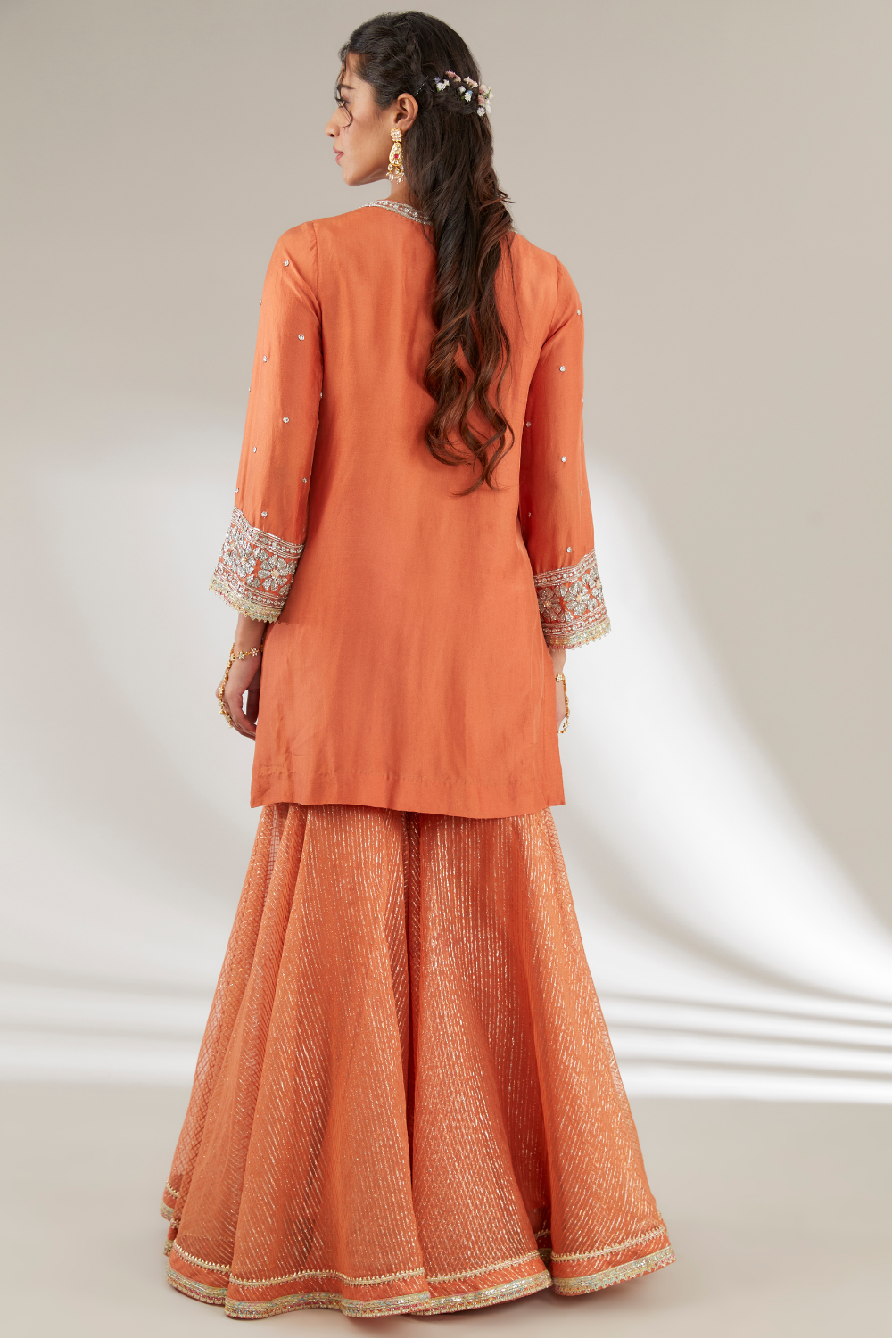Rust Orange Manvi Garara Set in Embroidered Upada Silk & Organza