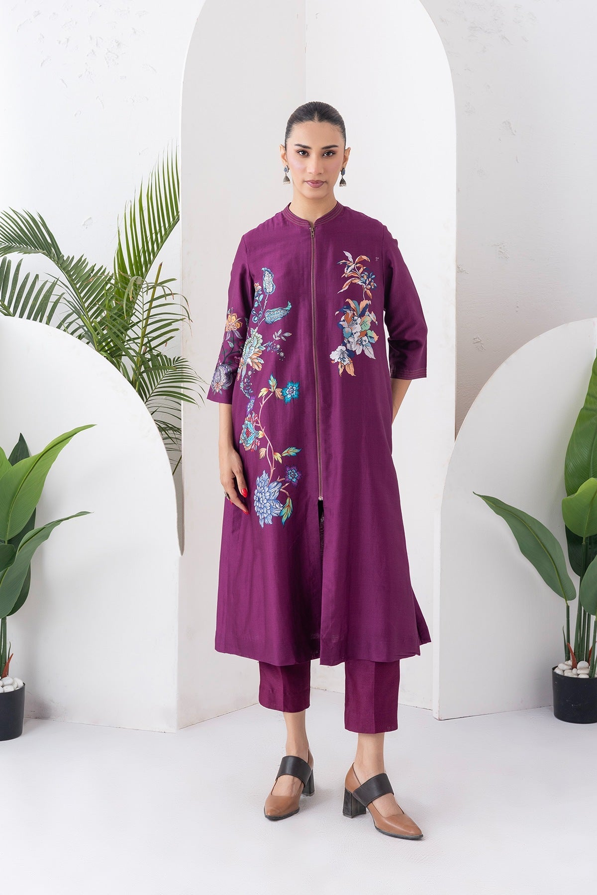 Wine Silk Chanderi Floral Printed Front Open Dress Set (3 PCS)