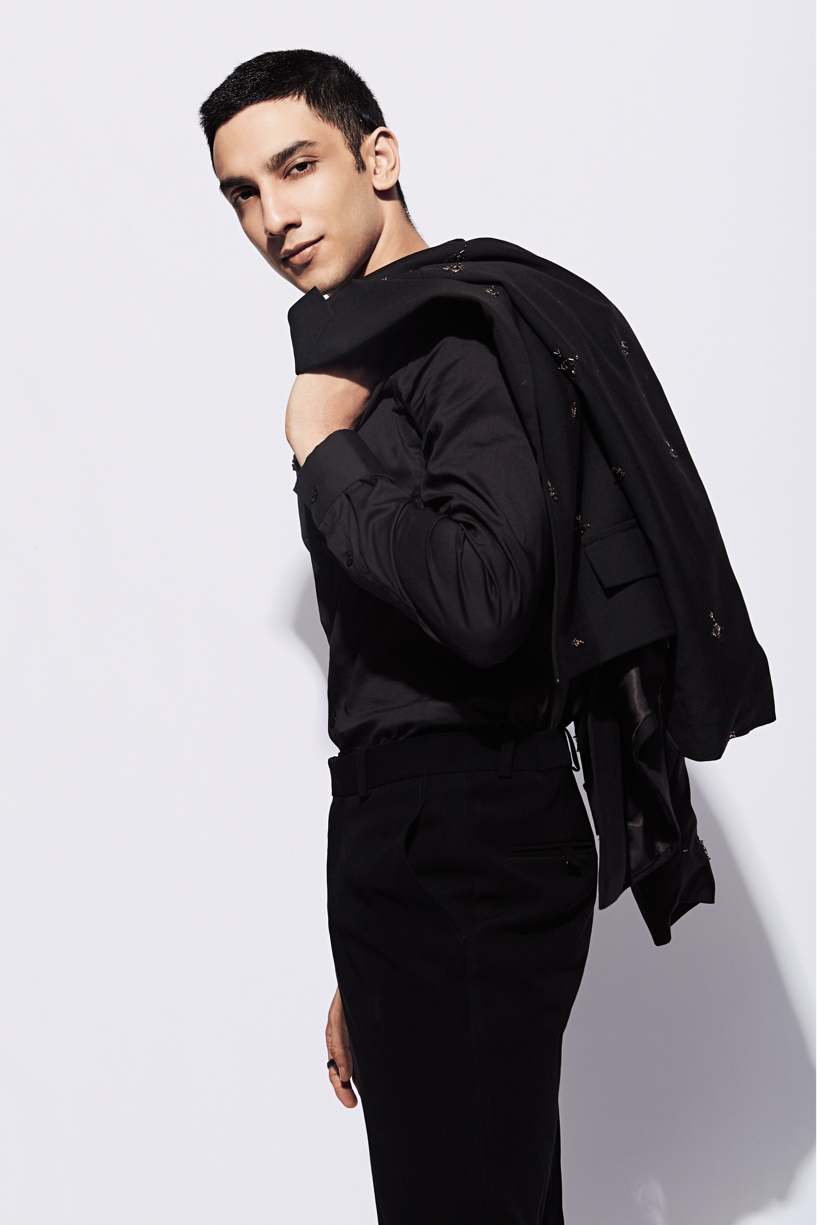 Black Worsted Wool Motifs Embellished Cropped Jacket