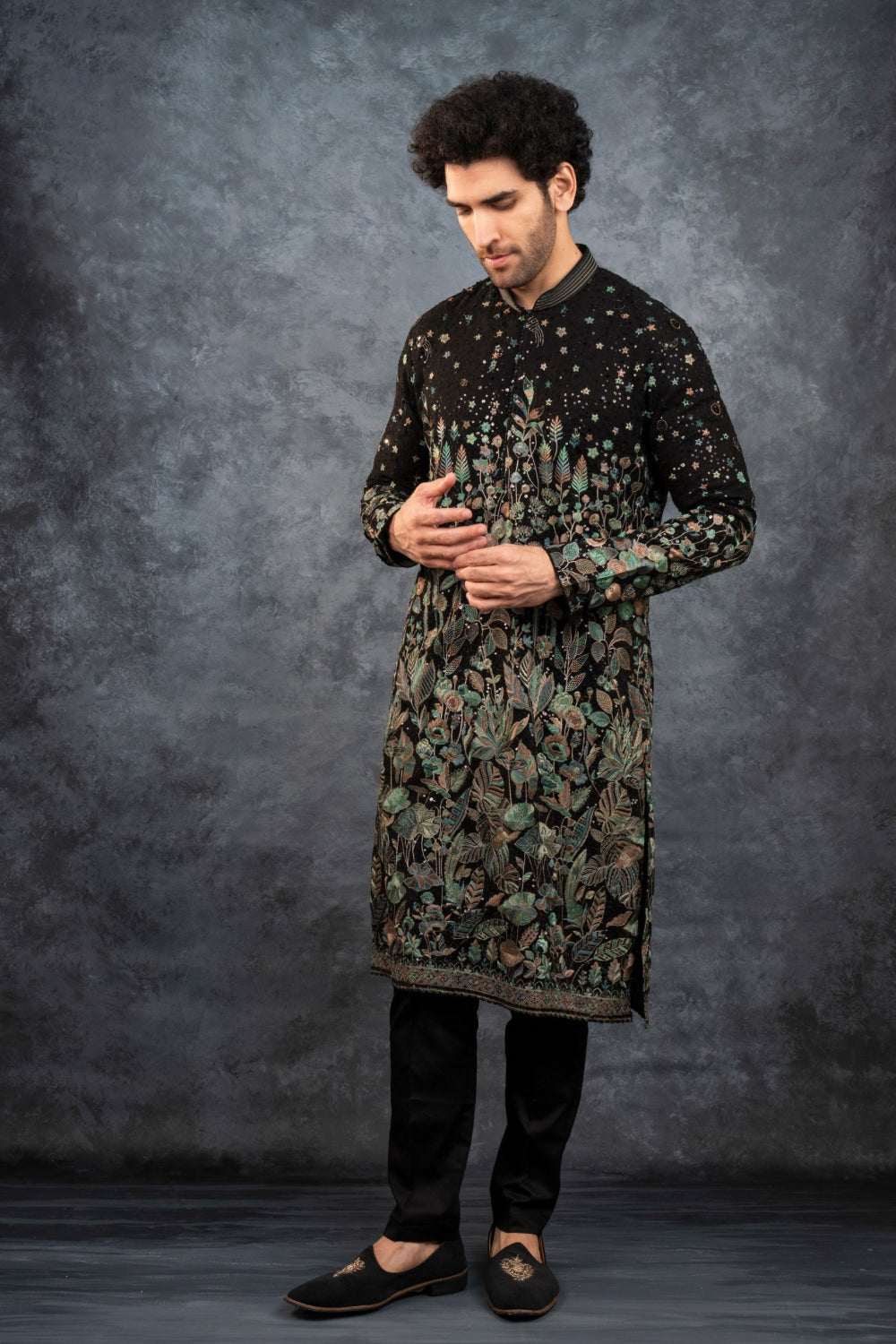 Black silk kurta set with multicolour resham embroidery and sequins work