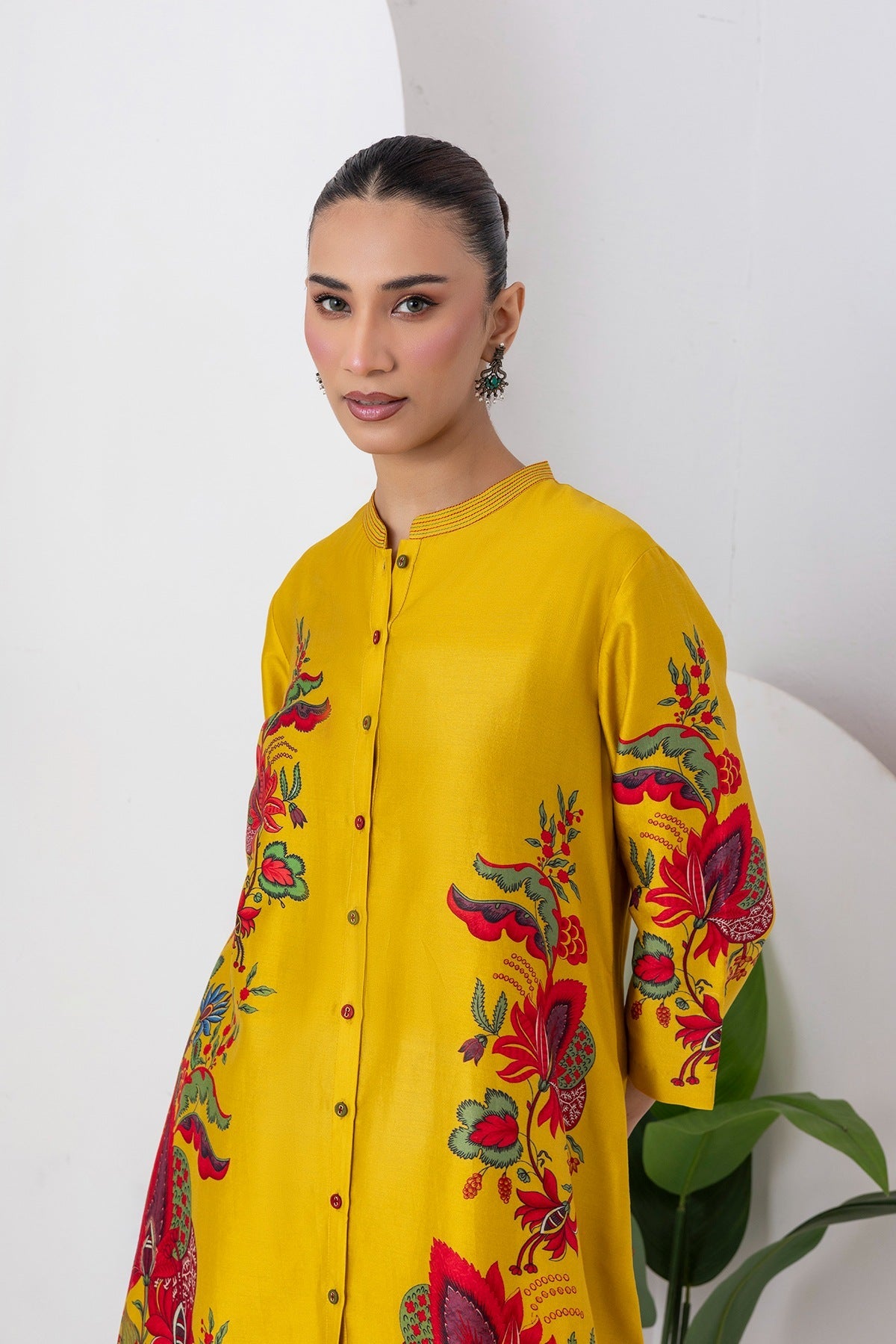 Yellow Silk Chanderi Printed Front Open Floral High-Low Dress Set (3 PCS)
