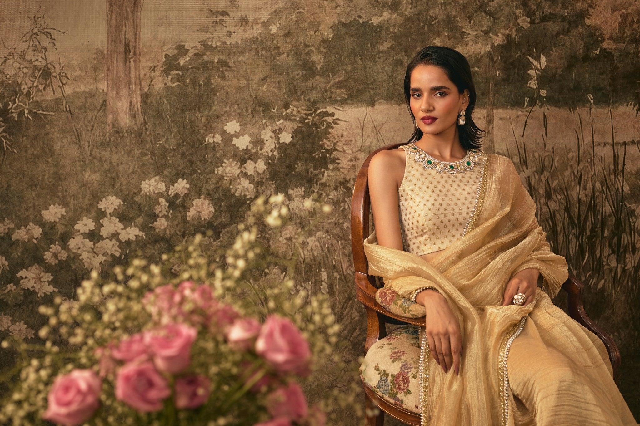 Champagne Gold Metallic pre-pleated Tissue Saree Set
