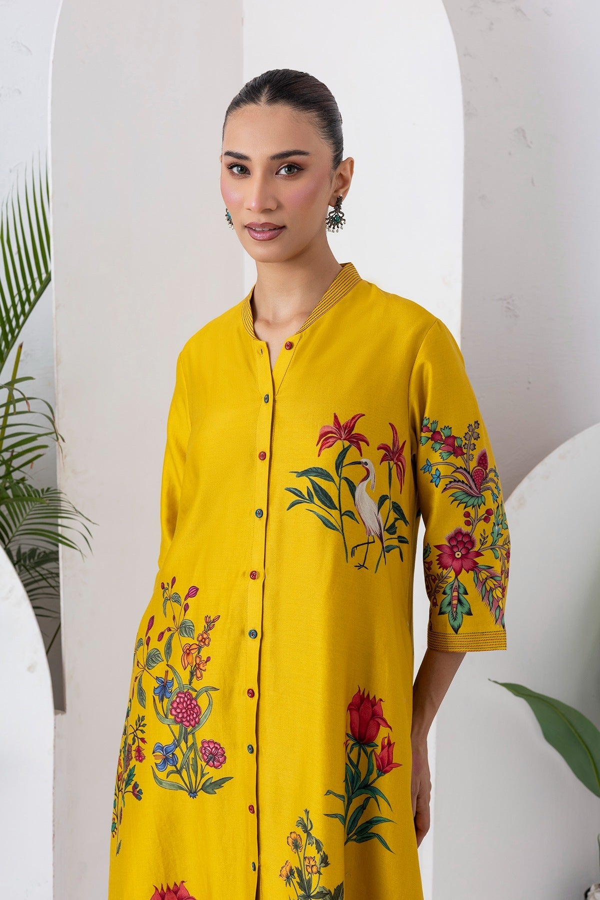 Yellow Silk Chanderi Floral Printed Front Open Dress Set (3 PCS)