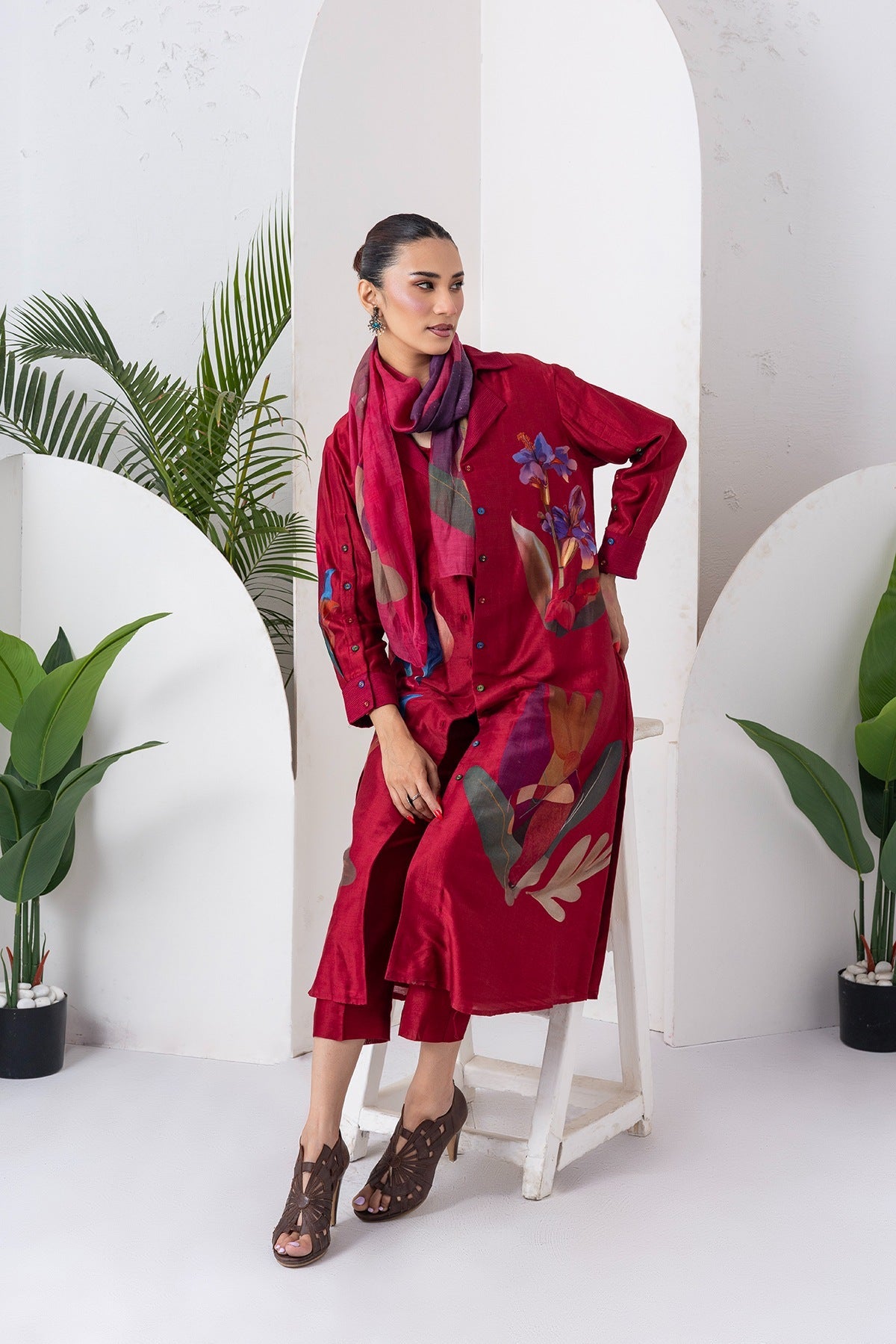 Red Viscose Dupion Printed Front Open Dress Set (3 PCS)