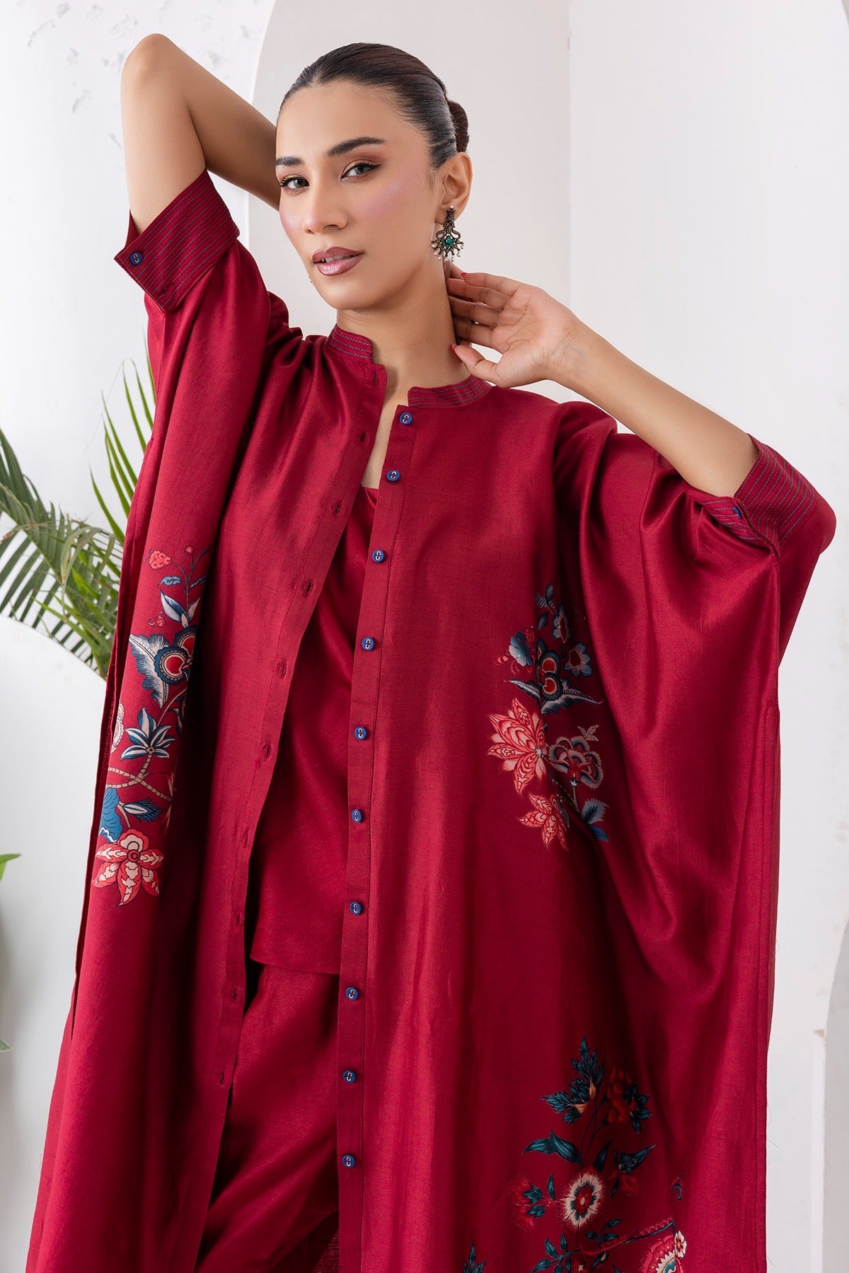 Maroon Silk Chanderi Printed Kaftan Style Dress Set (3 PCS)