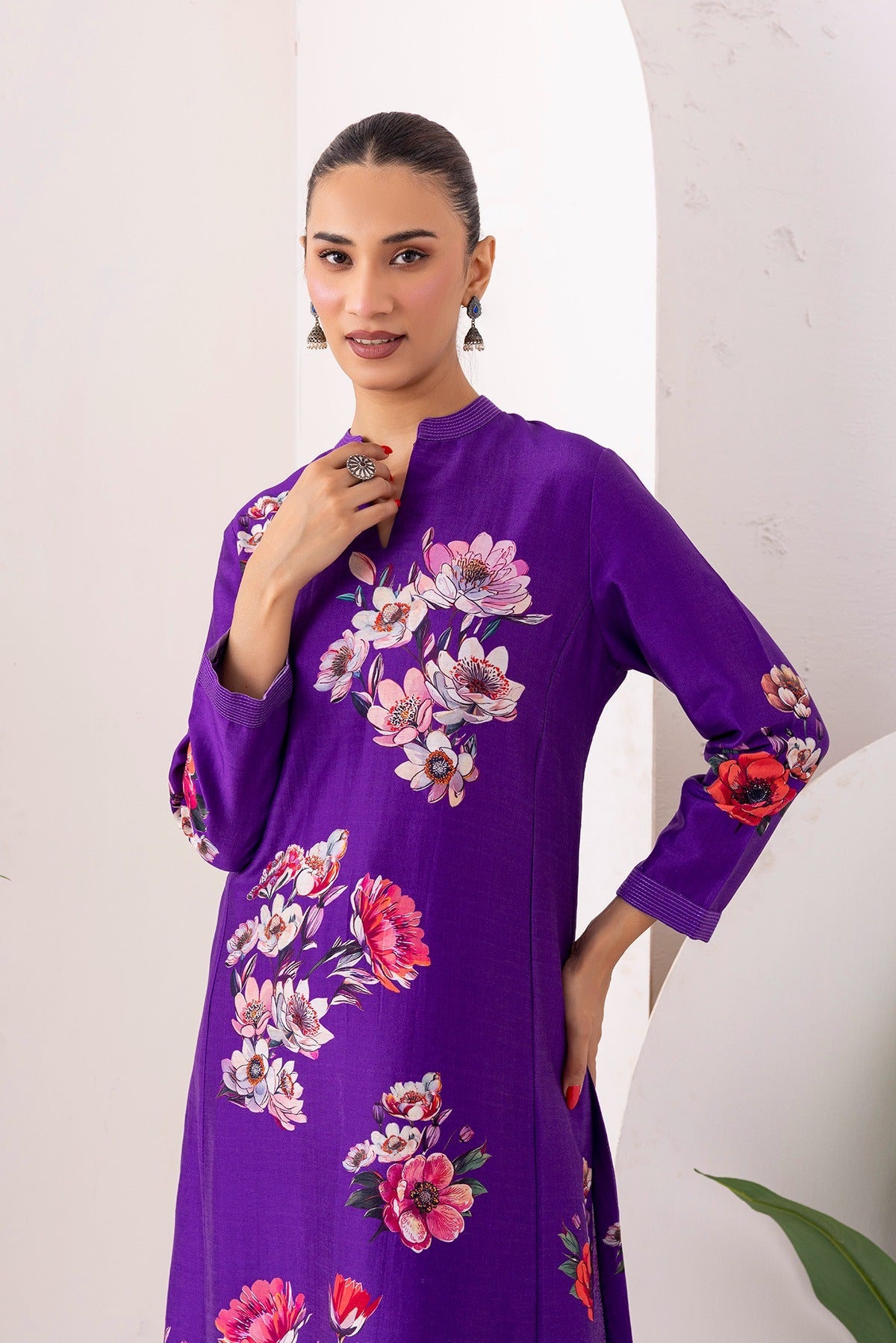 Royal Purple Silk Chanderi Printed Tunic Set (2 PCS)
