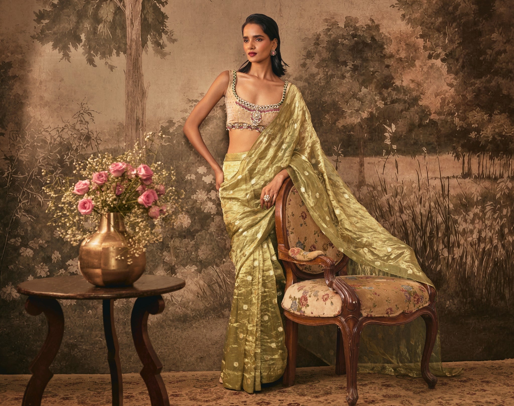 METALIC OLIVE TISSUE SILK PRE-DRAPED SAREE WITH EMBELLISHED BLOUSE