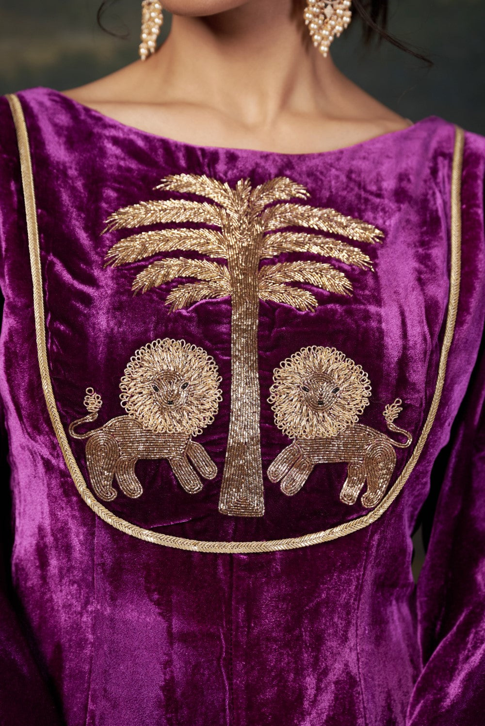 Hand-Embroidered Velvet Purple Kalidar Anarkali Set