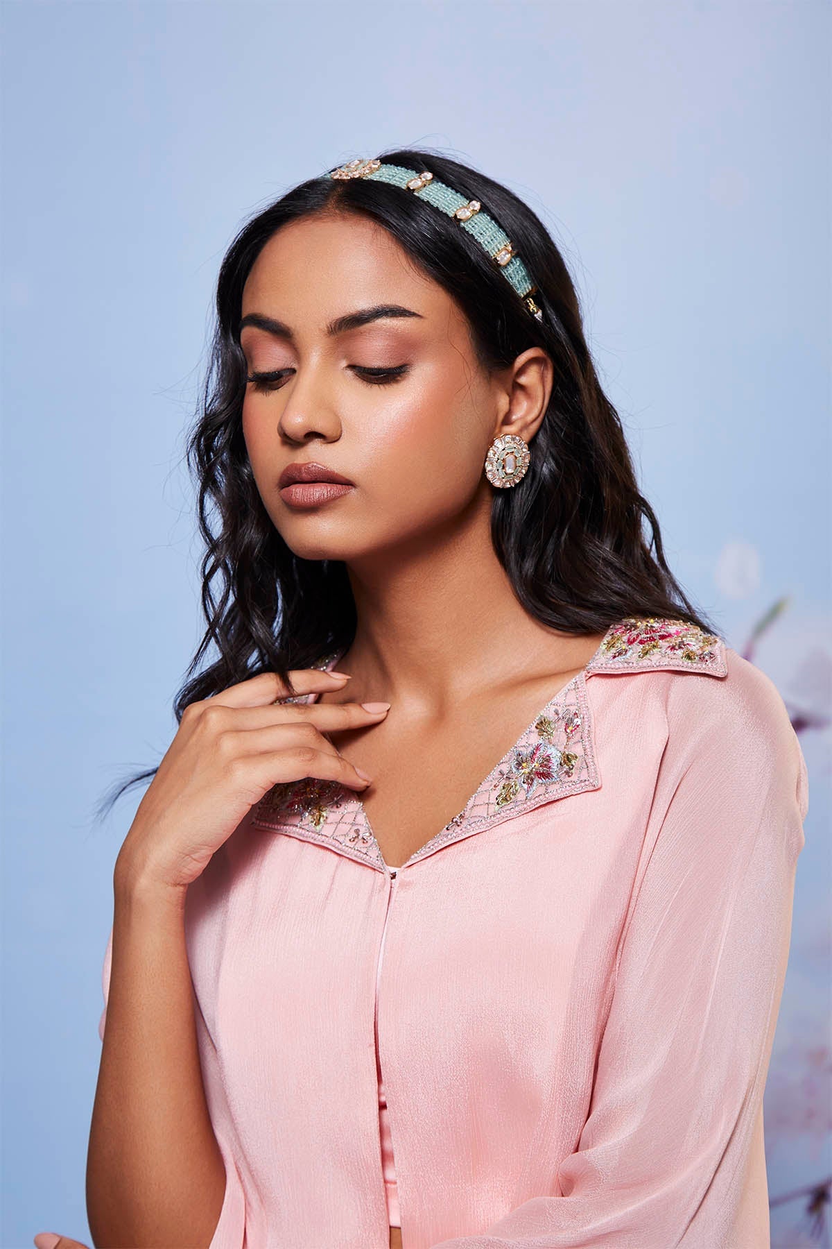 Zarin Baby Pink Embroidered Cape and Pick Up Skirt Set
