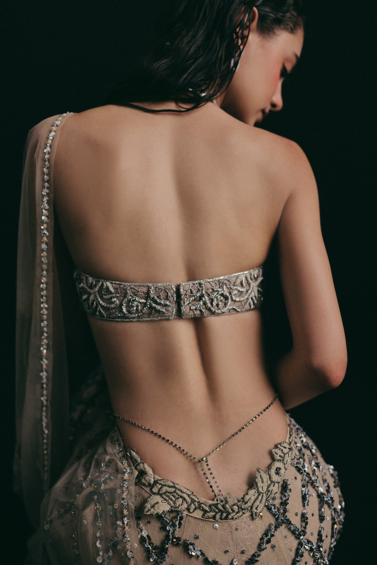 Zardosi Filigree Embroidery, Tulle & Silk with French Lace, Pant Set, Halter Crop Silhouette