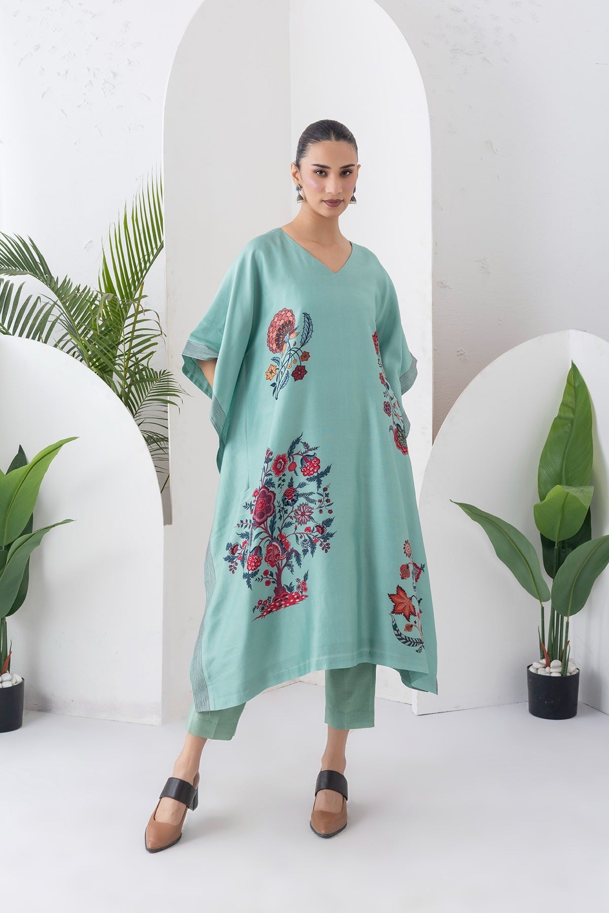 Mint Silk Chanderi Chintz Printed Kaftan Set (2 PCS)