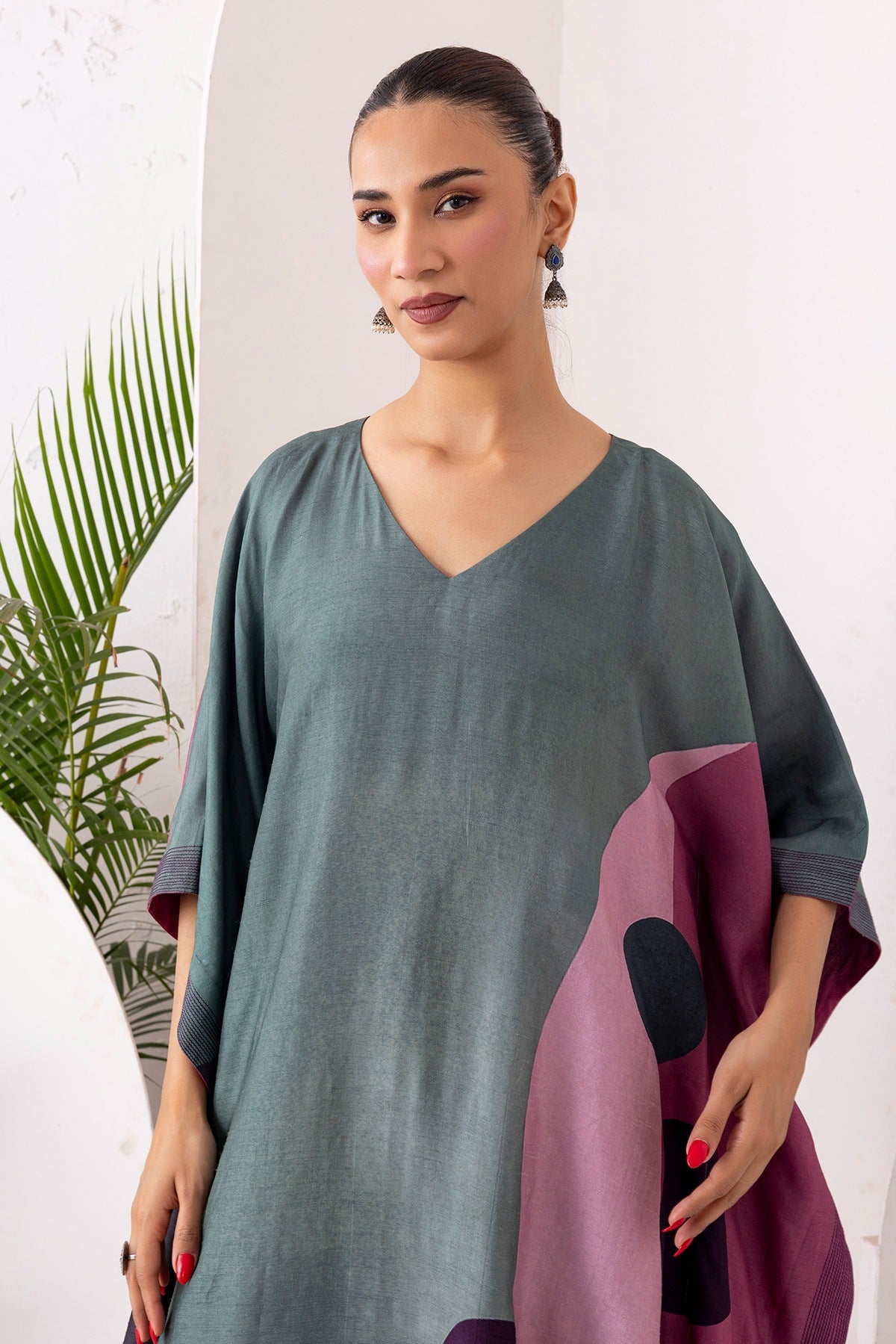Sage Green & Salmon Pink Viscose Dupion Printed Kaftan Set (2 PCS)