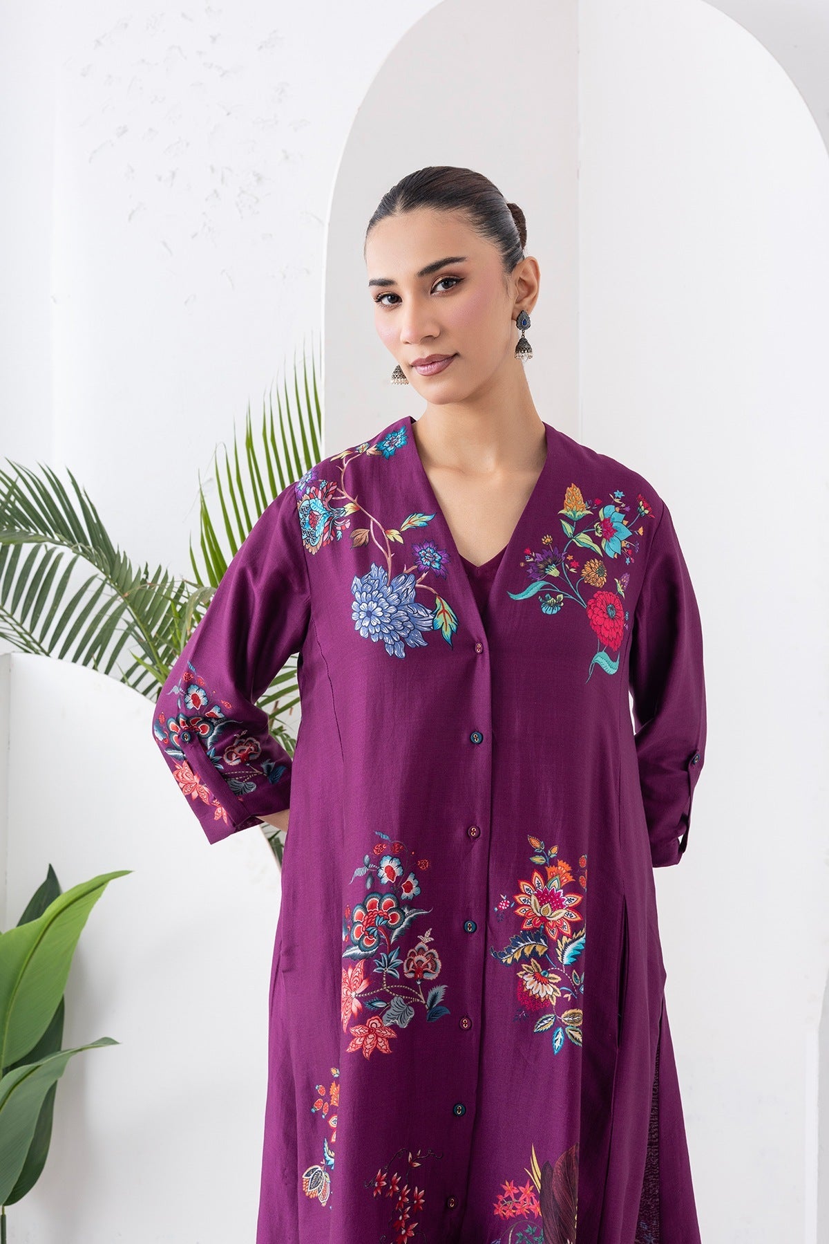 Wine Silk Chanderi Printed High-Low Dress Set (3 PCS)