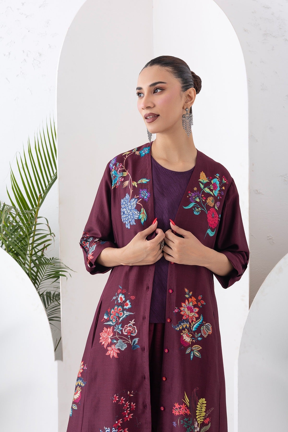 Chocolate Brown Silk Chanderi Printed High-Low Dress Set (3 PCS)