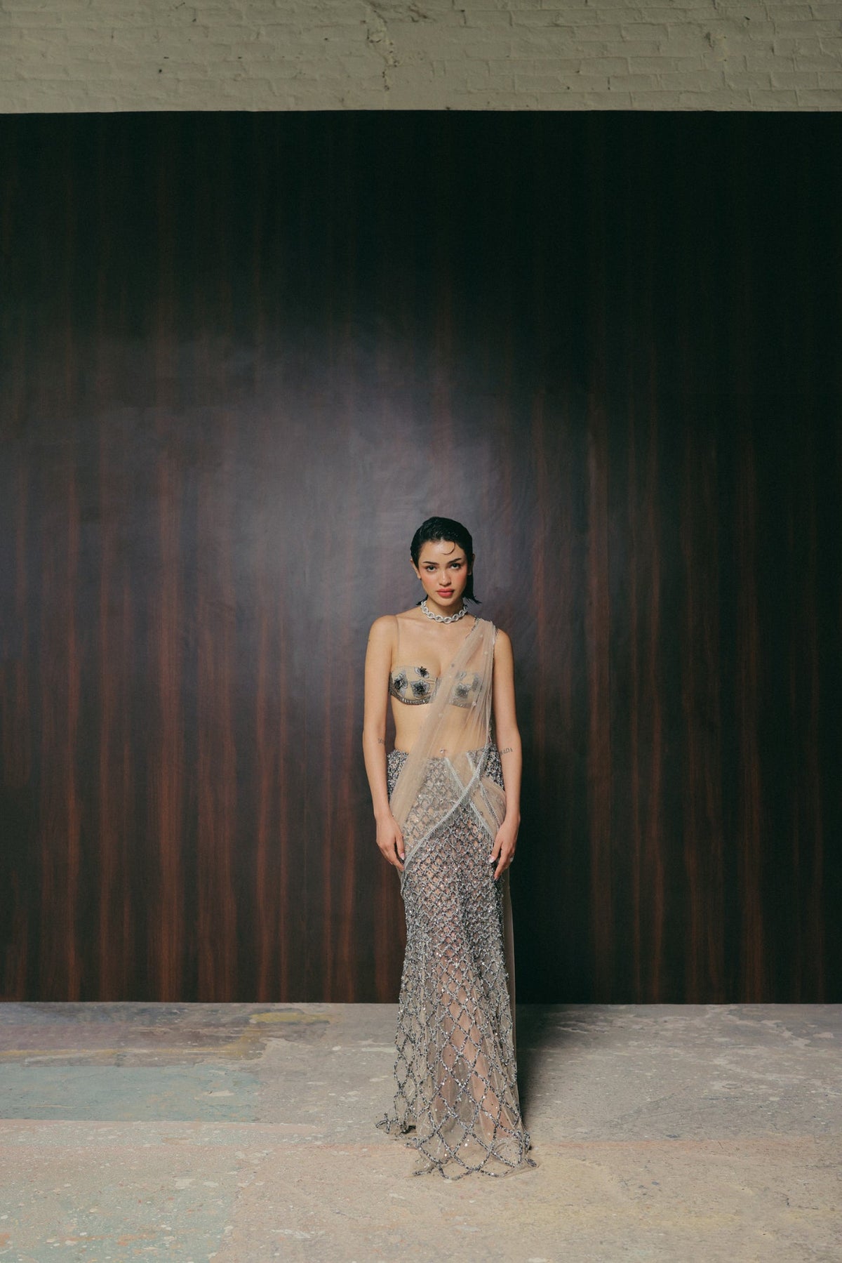 Zardosi & Bugle Bead Embroidery, Stretch Tulle & Silk with French Lace, Saree Set, Blouse Silhouette