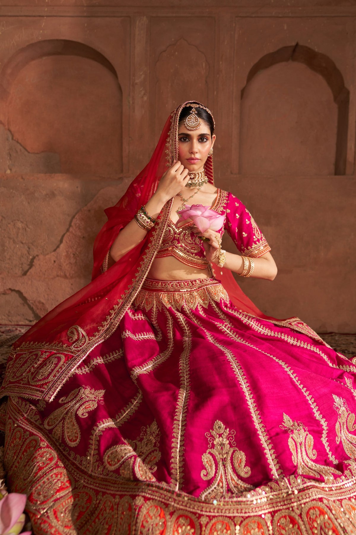Hot Pink Raw Silk Lehenga with Kashmiri Tilla & Gota Work