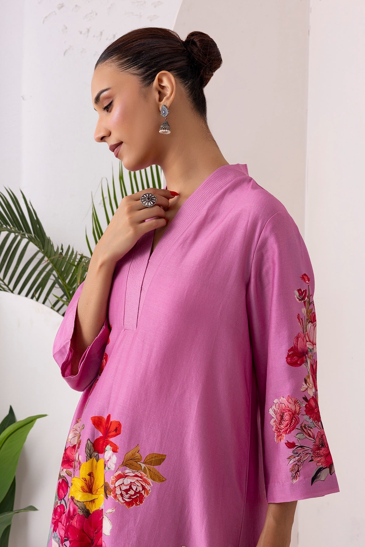 Salmon Pink Silk Chanderi Printed Tunic Set (2 PCS)