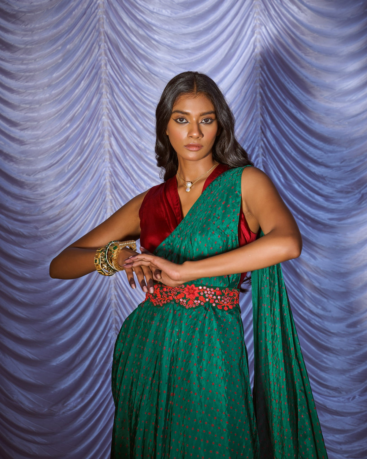 Black red bandhni drape saree