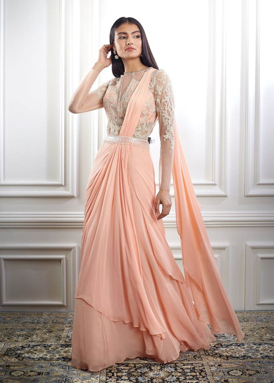 Peach Drape Dori Embroidered Saree