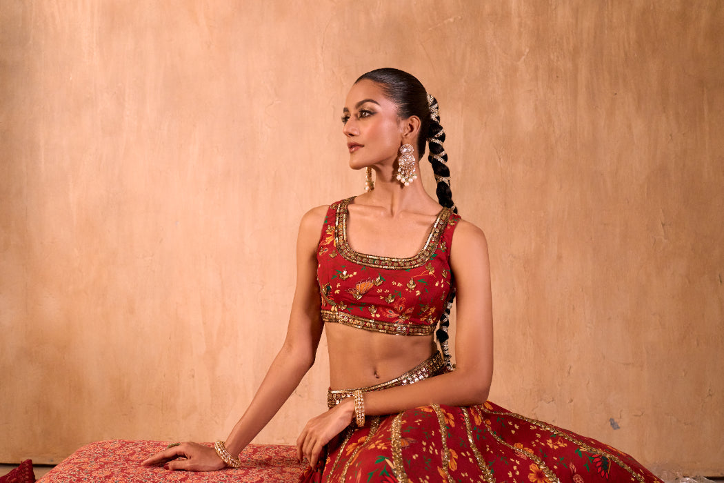 RED PRINT EMBROIDERED CHOLI, LEHENGA AND DUPATTA SET - image 9