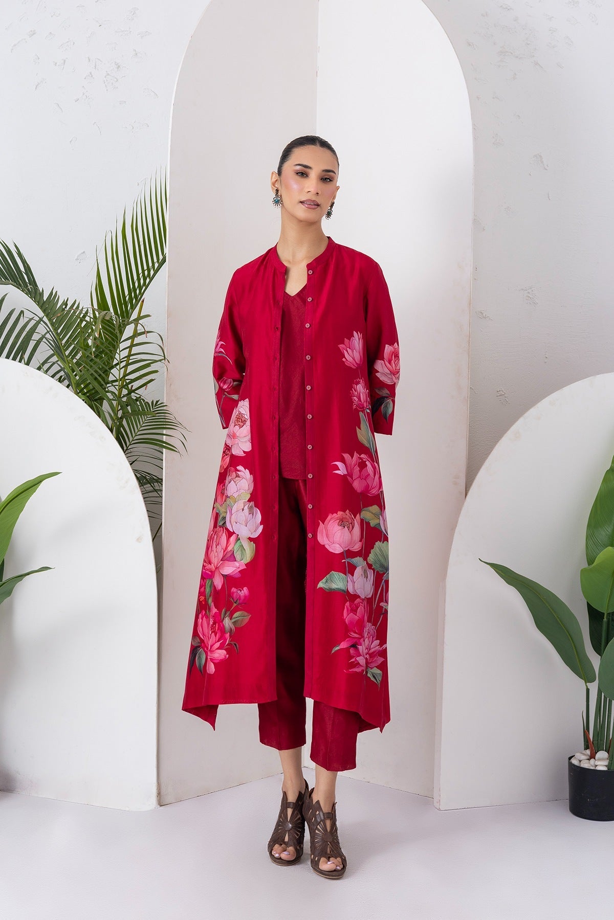 Maroon Silk Chanderi Printed Front Open Dress Set (3 PCS)