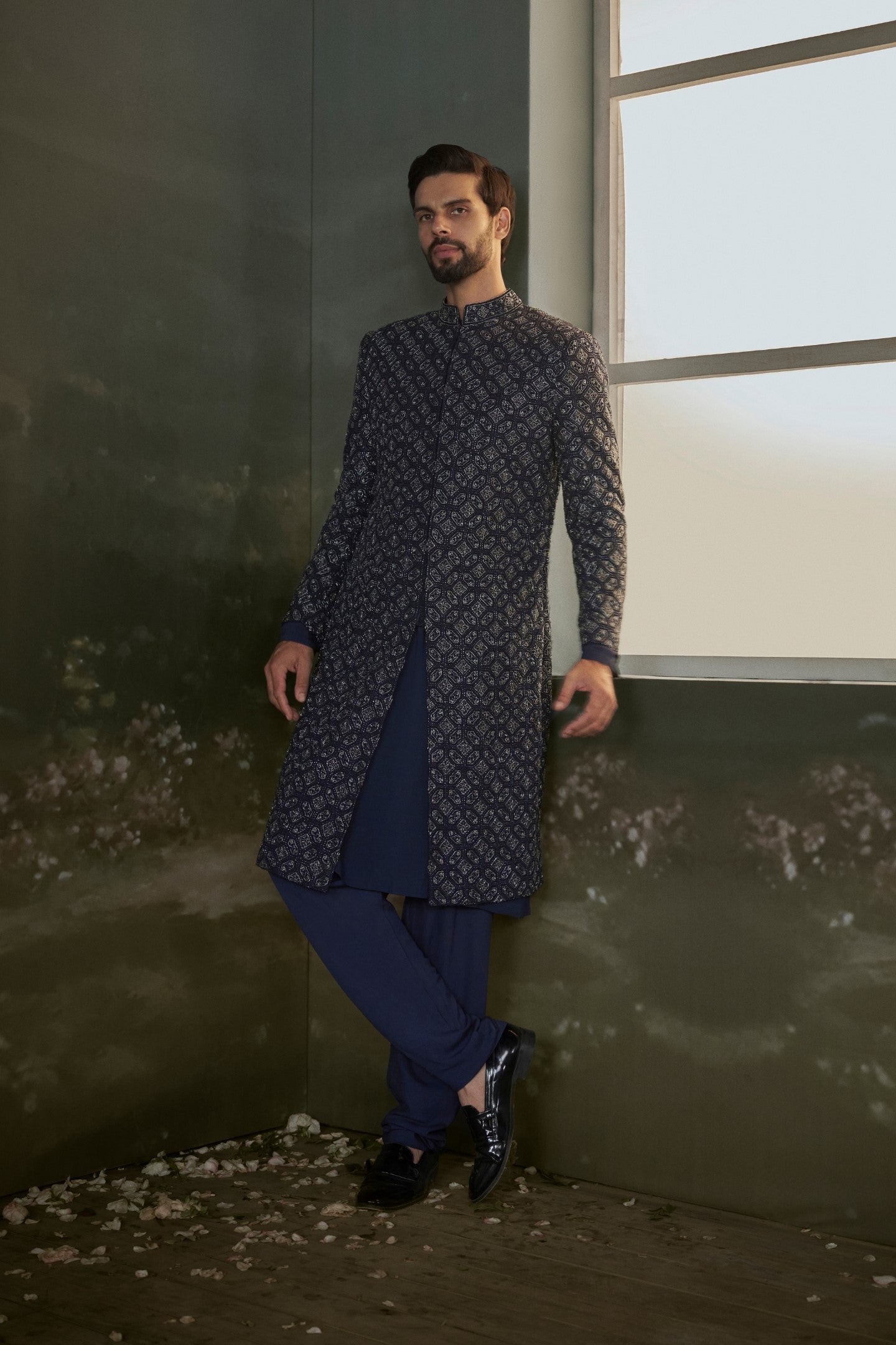 Navy Blue Raw Silk Embroidered Sherwani with Kurta & Churidar