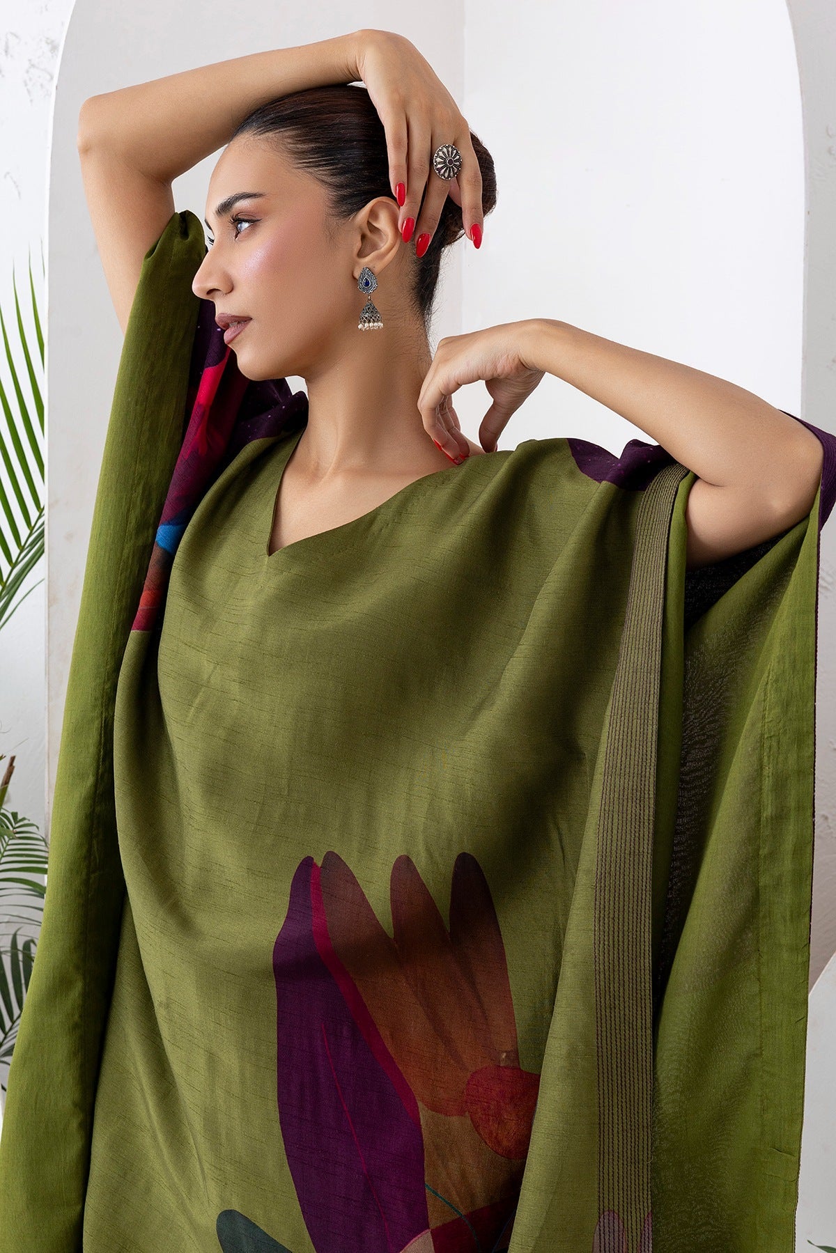 Leaf Green Viscose Dupion Printed Kaftan Set (2 PCS)