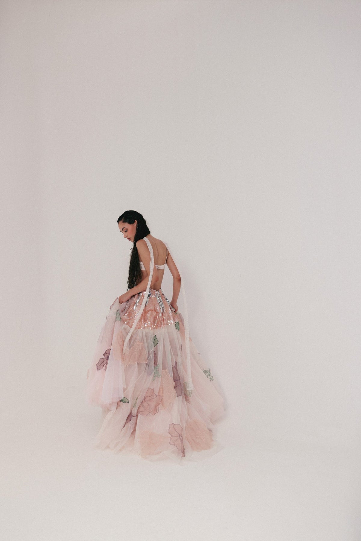 Beaded & Sequin Embroidery, Silk & Soft Tulle with French Lace, Skirt Set, Bralette Silhouette