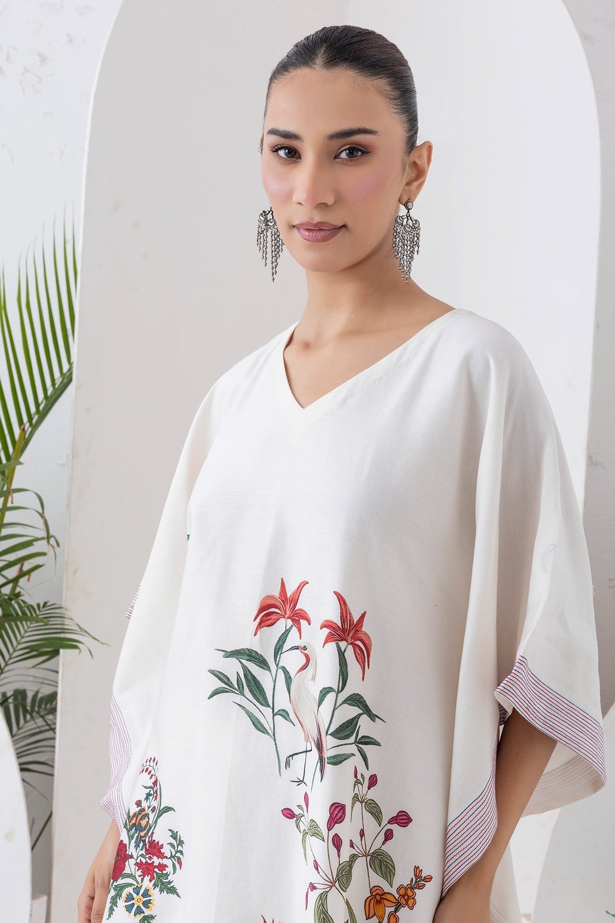 Ivory Silk Chanderi Floral Printed Kaftan Set (2 PCS)