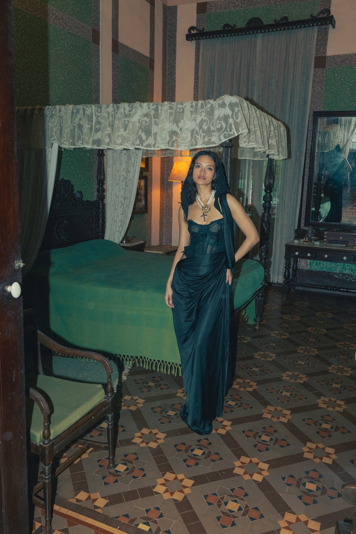 Black, Zardosi Embroidery, French Lace & Silk, Pre-Stitched Sari Set, Corset Silhouette