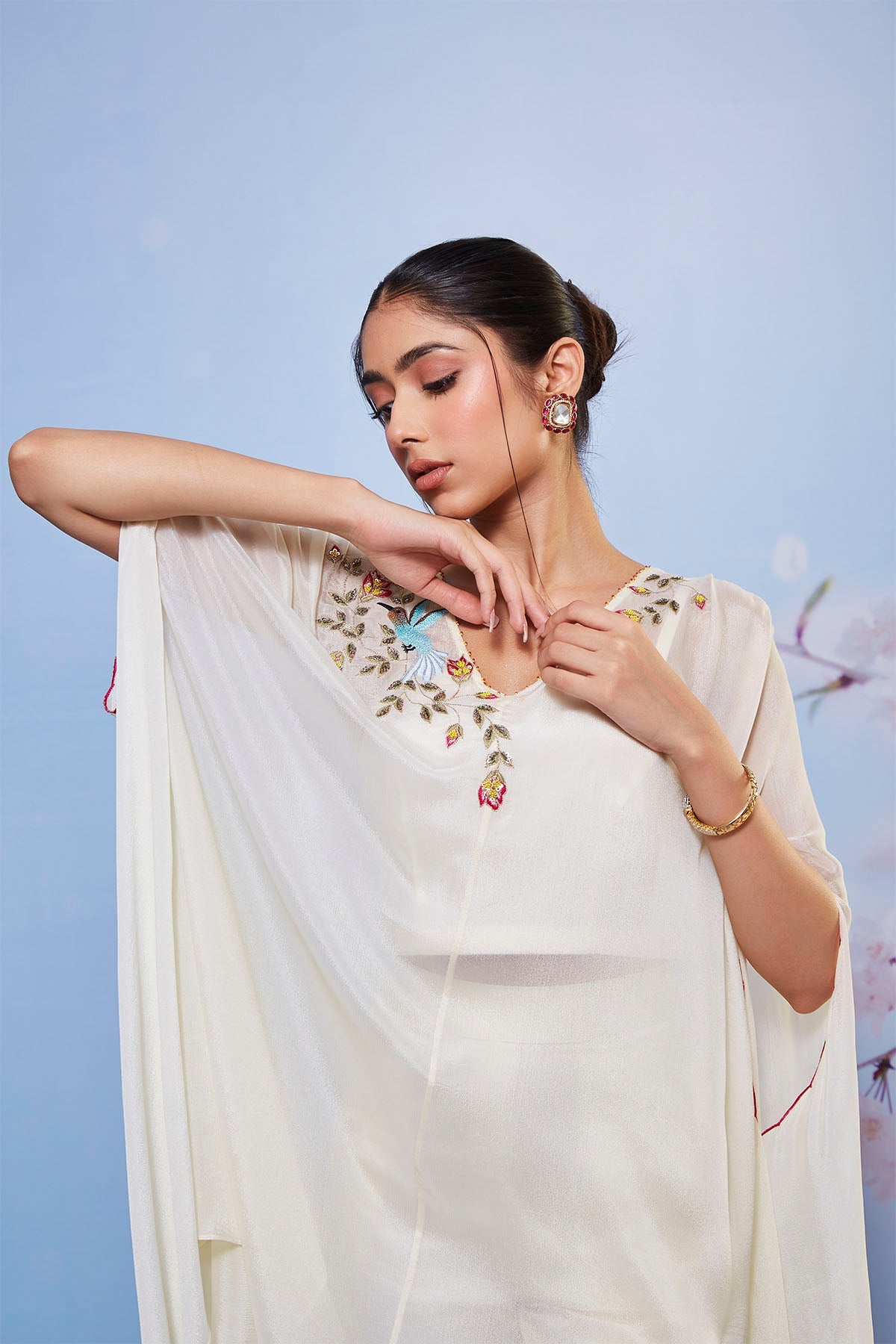 Ivory Asymmetrical Embroidered Cape Set with Cigarette Pants