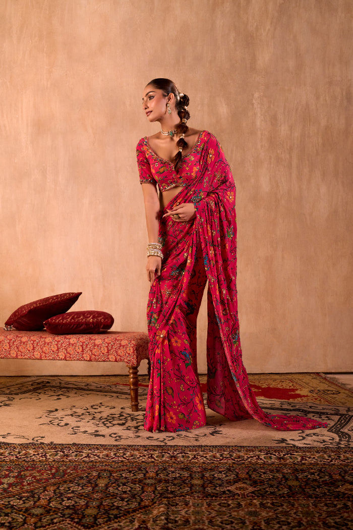 PINK PRINT CHOLI WITH EMBROIDERED SARI SET - image 9