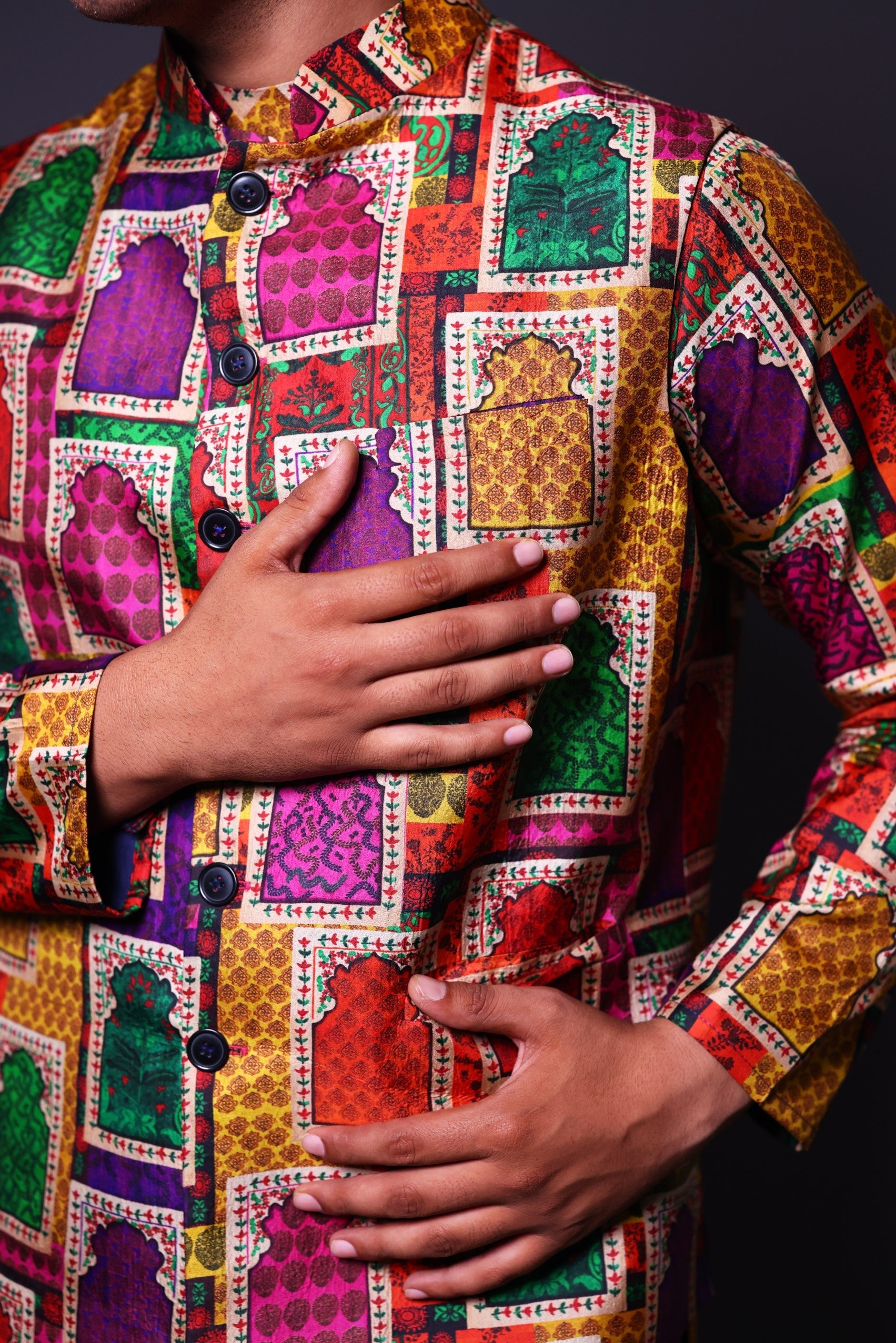 Nehru Jacket with asymmetrical
 kurta and pant
