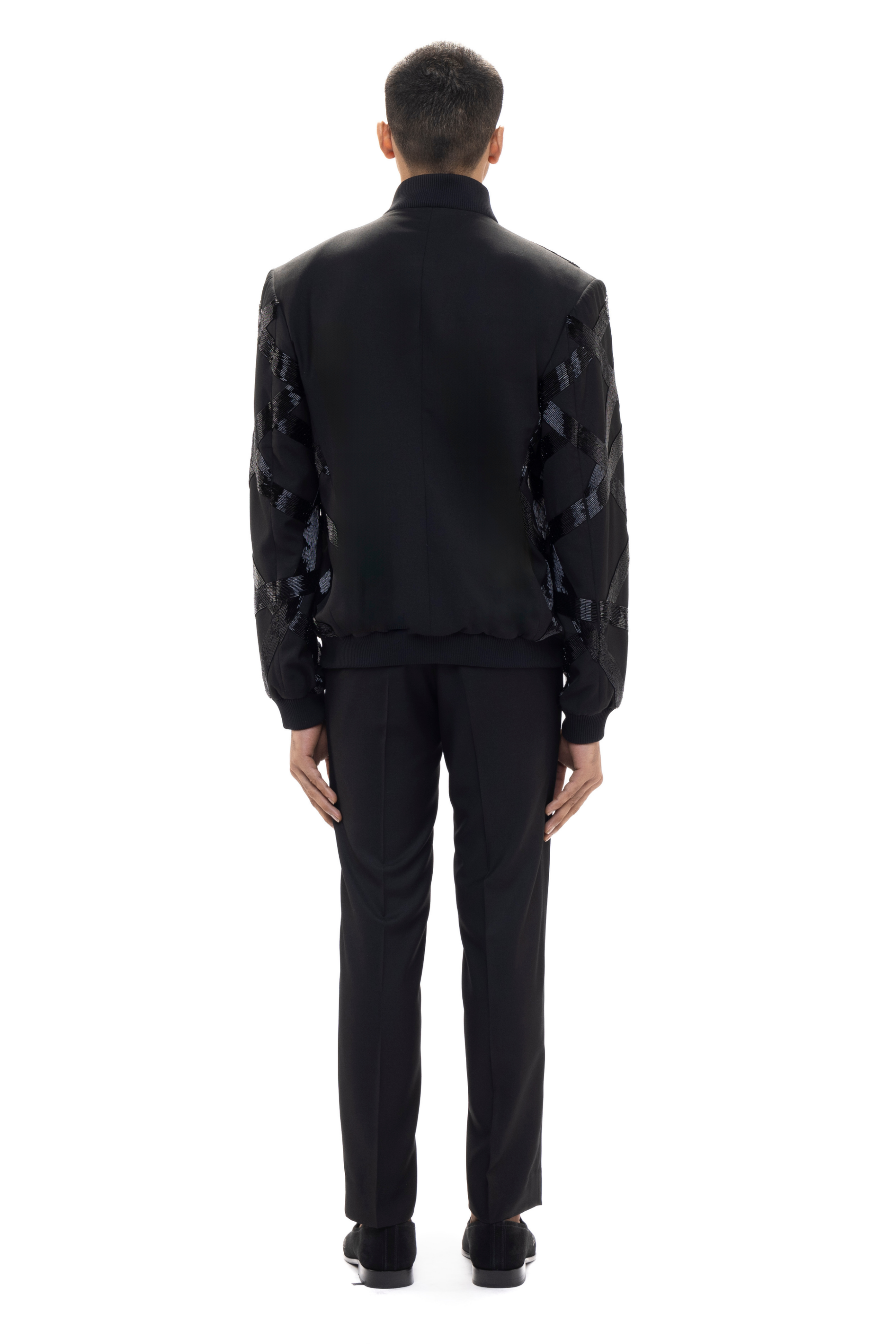 Black Metallic Worsted Wool Embroidered Bomber Jacket