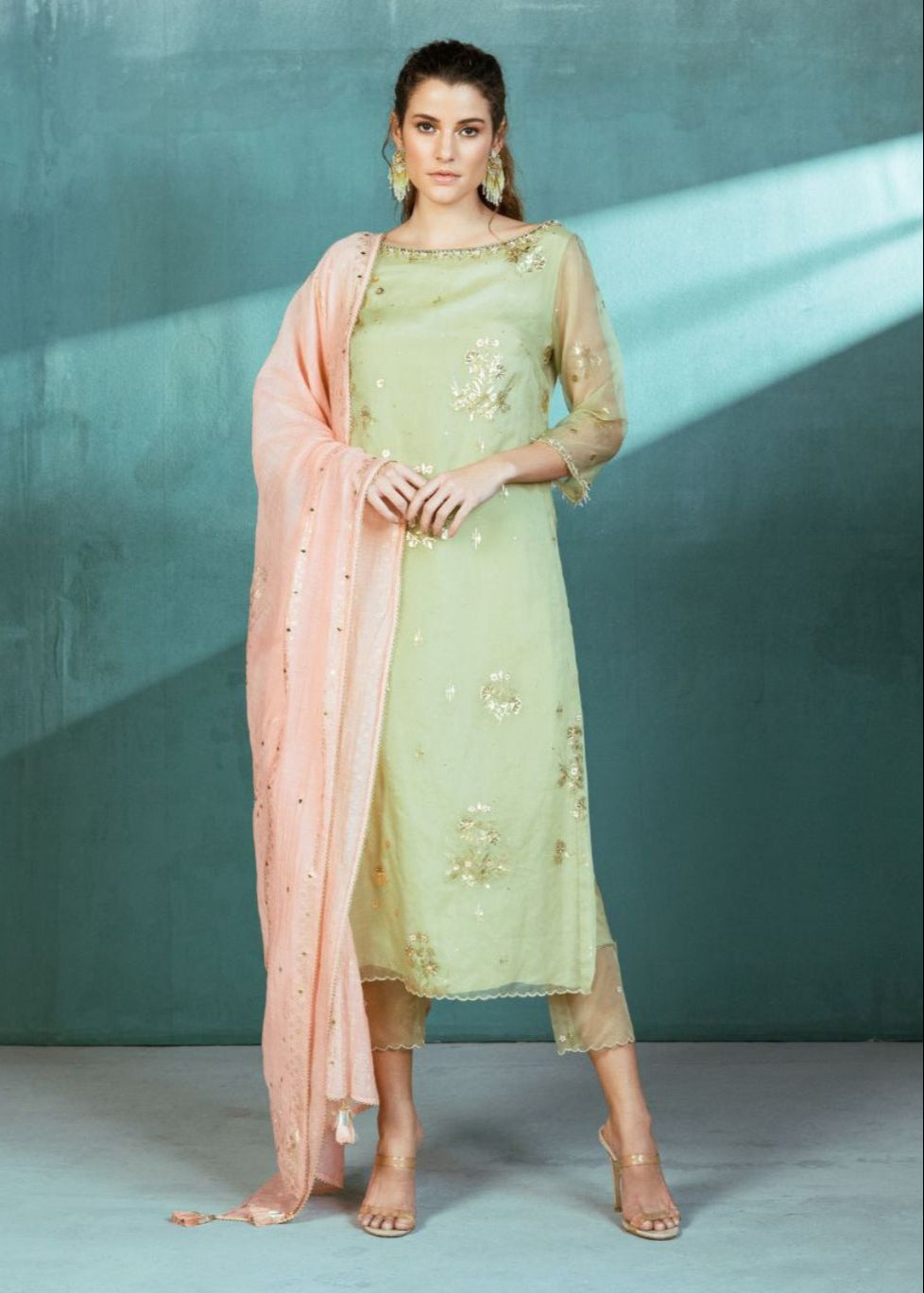 Mint Organza Foil Printed Kurta Pant Set