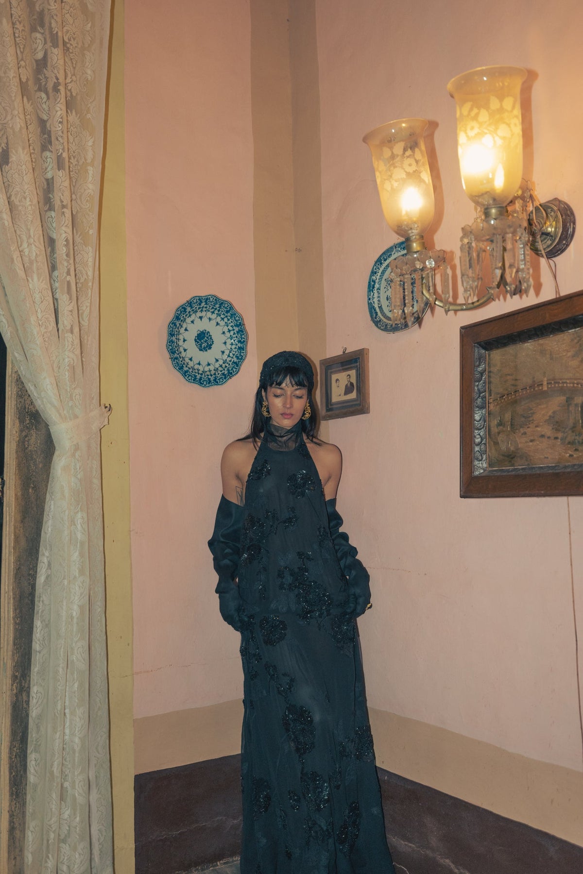 Black, Persian Embroidery, Silk Georgette & Tulle, Full-Length Dress, Sheath Silhouette