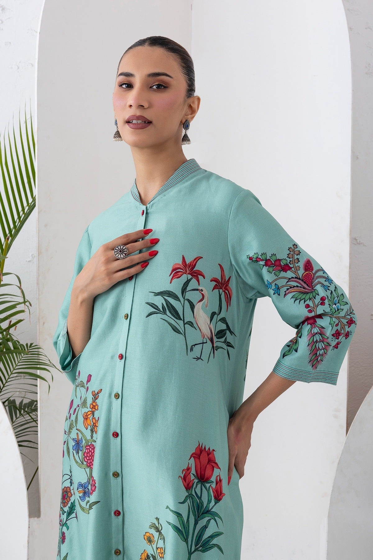 Mint Silk Chanderi Floral Printed Front Open Dress Set (3 PCS)